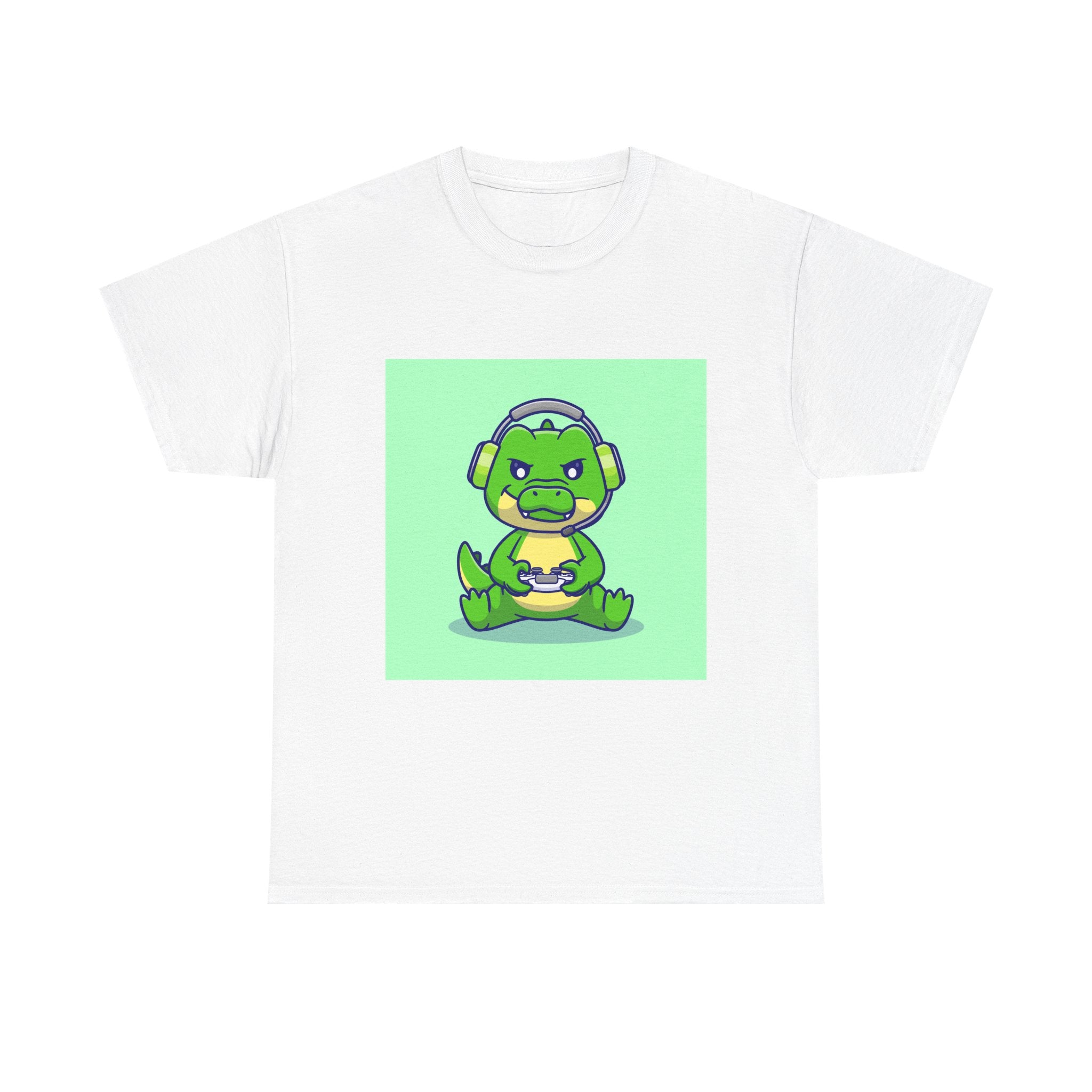 Cute Gamer Dinosaur Unisex Heavy Cotton Tee, Gaming Shirt, Funny Tee, Gift for Gamers, Cartoon T-Shirt, Casual Wear