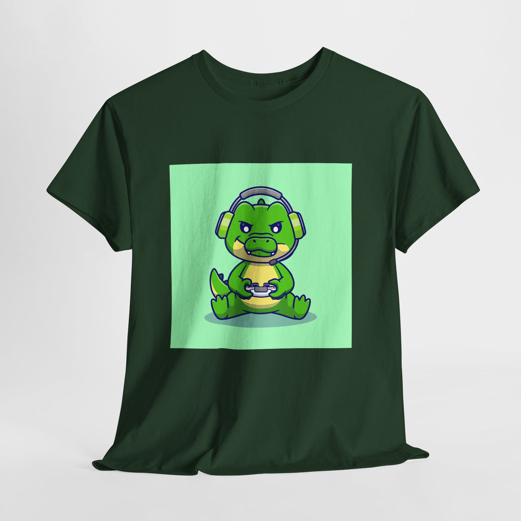 Cute Gamer Dinosaur Unisex Heavy Cotton Tee, Gaming Shirt, Funny Tee, Gift for Gamers, Cartoon T-Shirt, Casual Wear