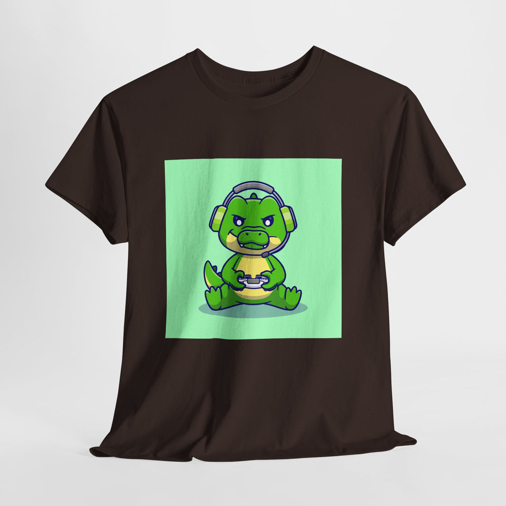 Cute Gamer Dinosaur Unisex Heavy Cotton Tee, Gaming Shirt, Funny Tee, Gift for Gamers, Cartoon T-Shirt, Casual Wear