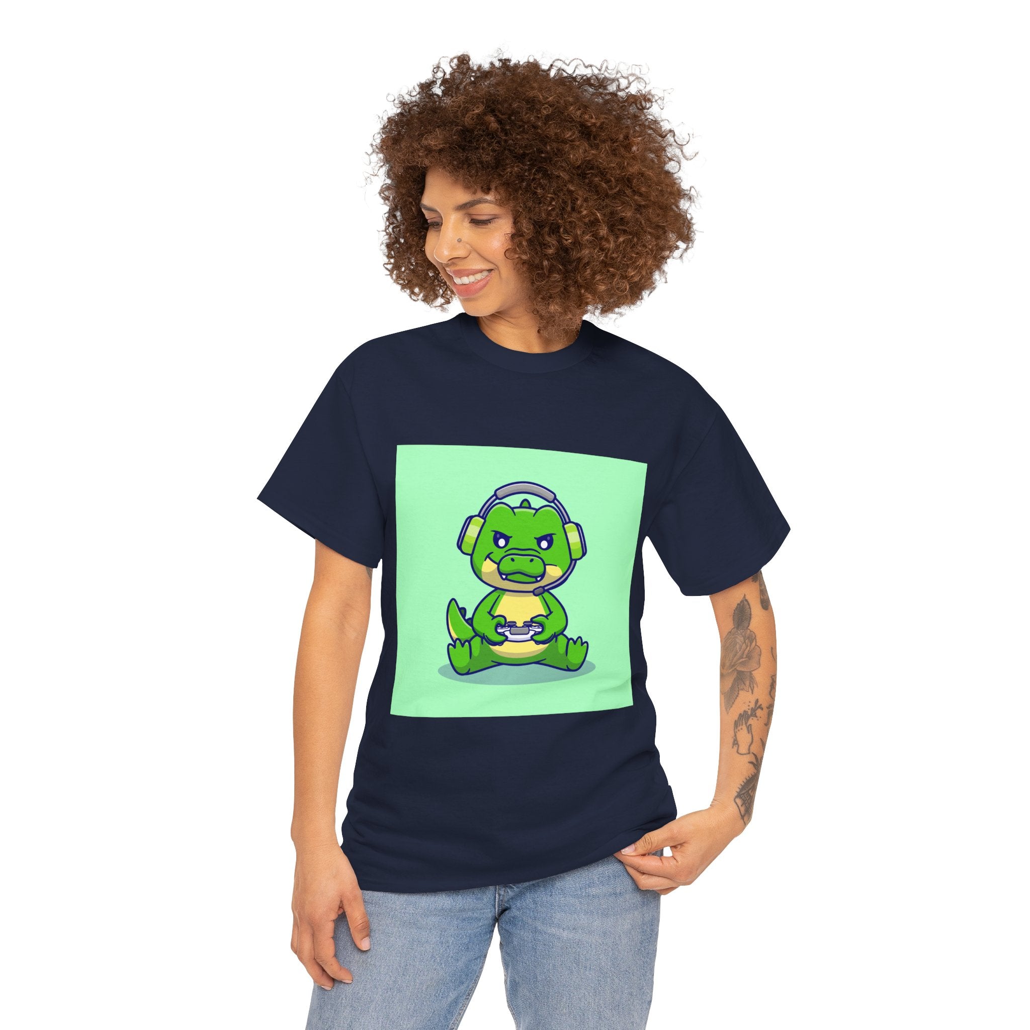 Cute Gamer Dinosaur Unisex Heavy Cotton Tee, Gaming Shirt, Funny Tee, Gift for Gamers, Cartoon T-Shirt, Casual Wear