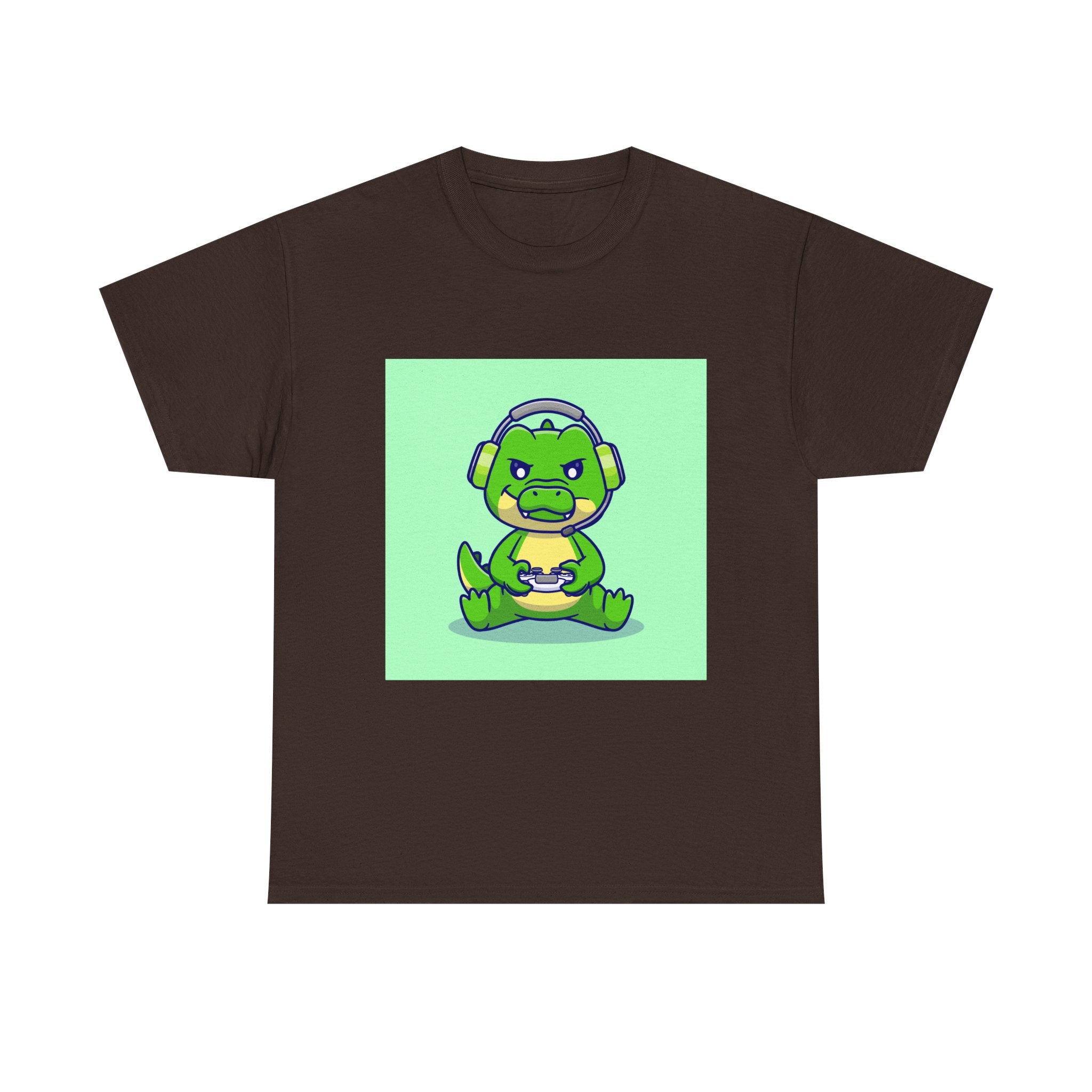 Cute Gamer Dinosaur Unisex Heavy Cotton Tee, Gaming Shirt, Funny Tee, Gift for Gamers, Cartoon T-Shirt, Casual Wear