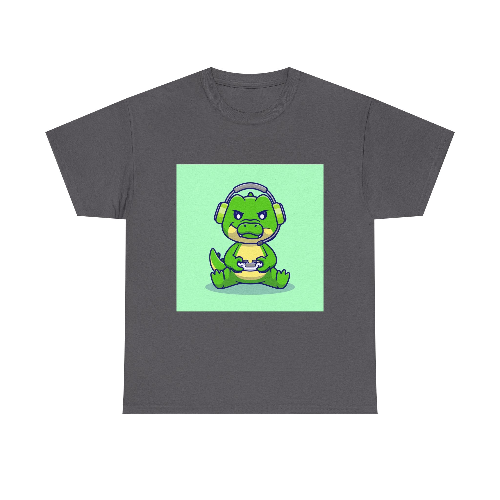Cute Gamer Dinosaur Unisex Heavy Cotton Tee, Gaming Shirt, Funny Tee, Gift for Gamers, Cartoon T-Shirt, Casual Wear