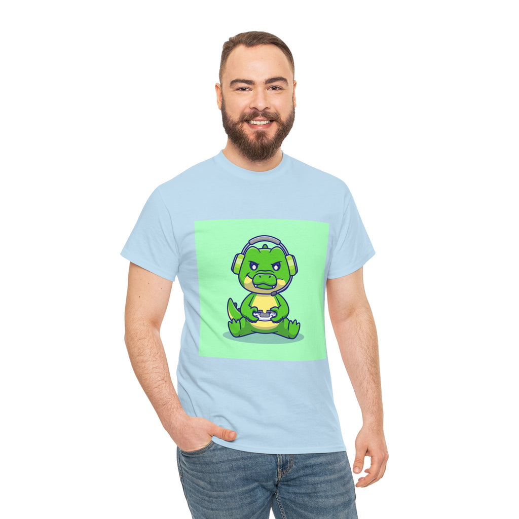 Cute Gamer Dinosaur Unisex Heavy Cotton Tee, Gaming Shirt, Funny Tee, Gift for Gamers, Cartoon T-Shirt, Casual Wear