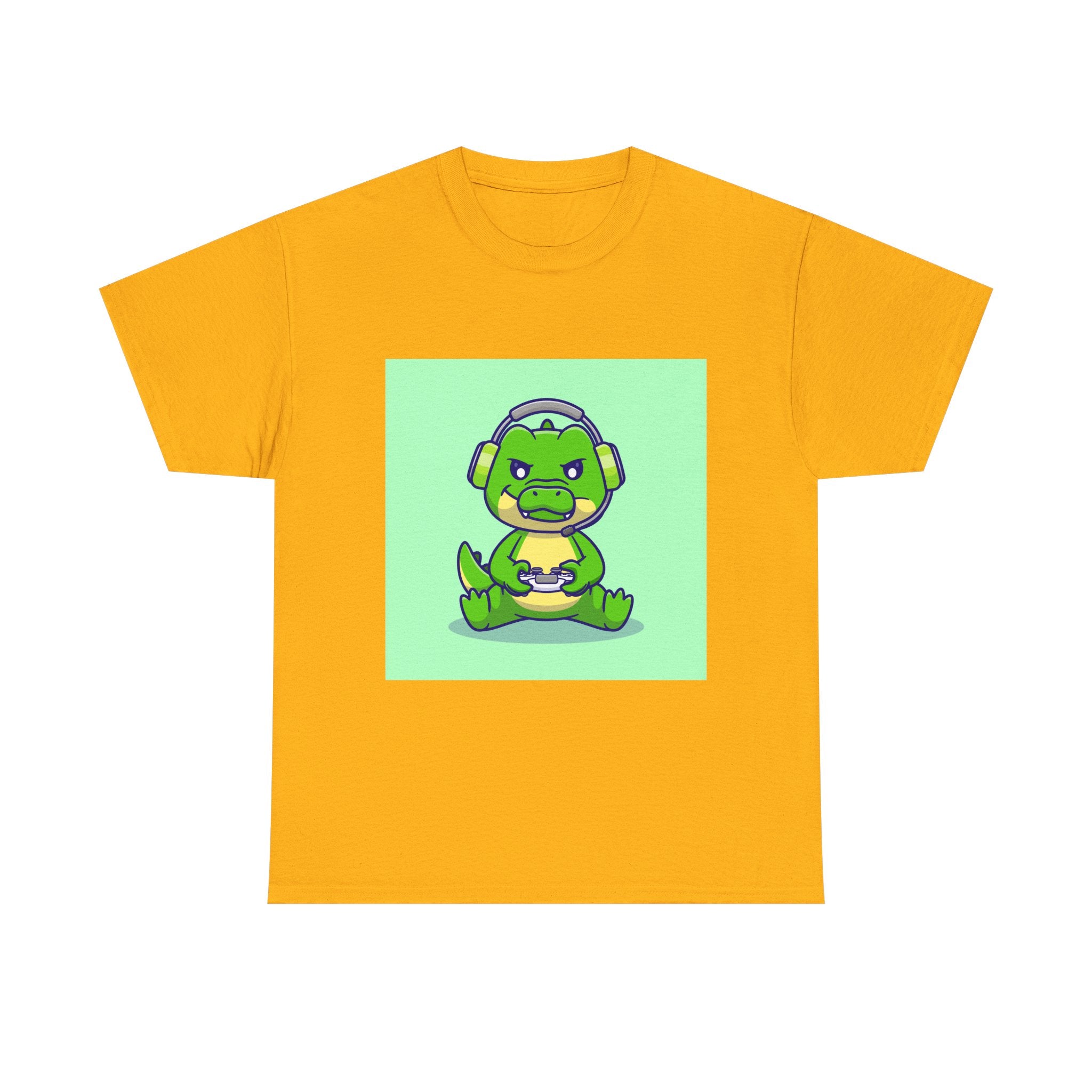 Cute Gamer Dinosaur Unisex Heavy Cotton Tee, Gaming Shirt, Funny Tee, Gift for Gamers, Cartoon T-Shirt, Casual Wear