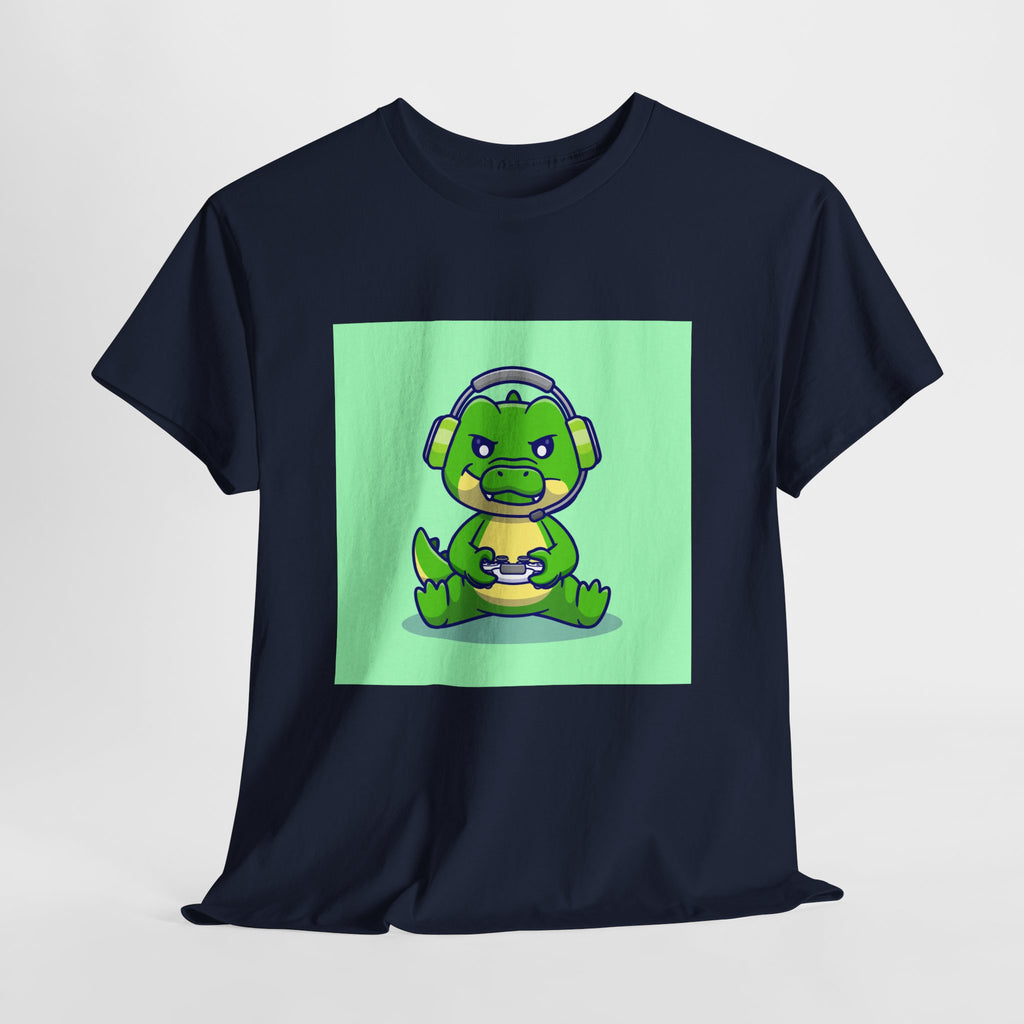 Cute Gamer Dinosaur Unisex Heavy Cotton Tee, Gaming Shirt, Funny Tee, Gift for Gamers, Cartoon T-Shirt, Casual Wear