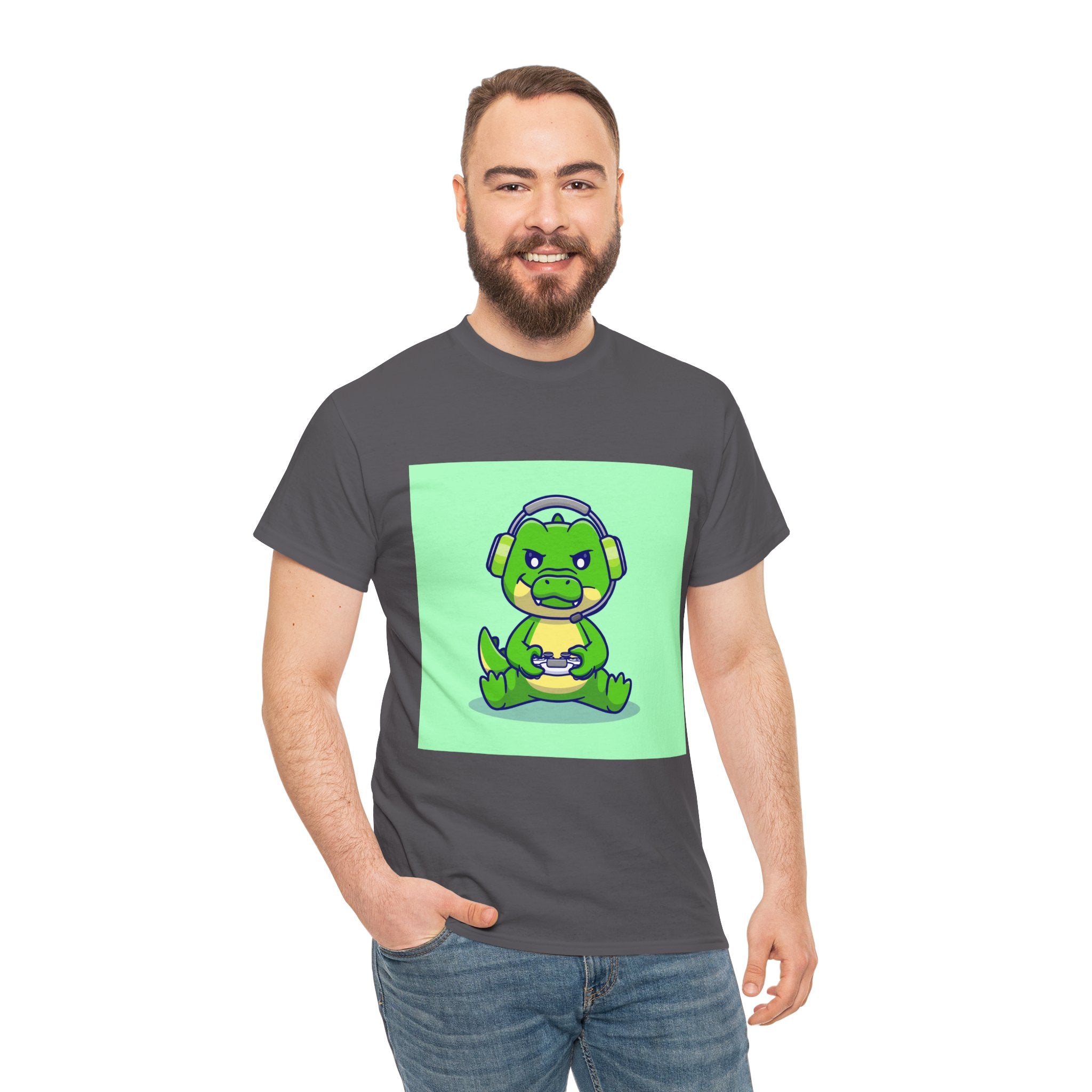 Cute Gamer Dinosaur Unisex Heavy Cotton Tee, Gaming Shirt, Funny Tee, Gift for Gamers, Cartoon T-Shirt, Casual Wear