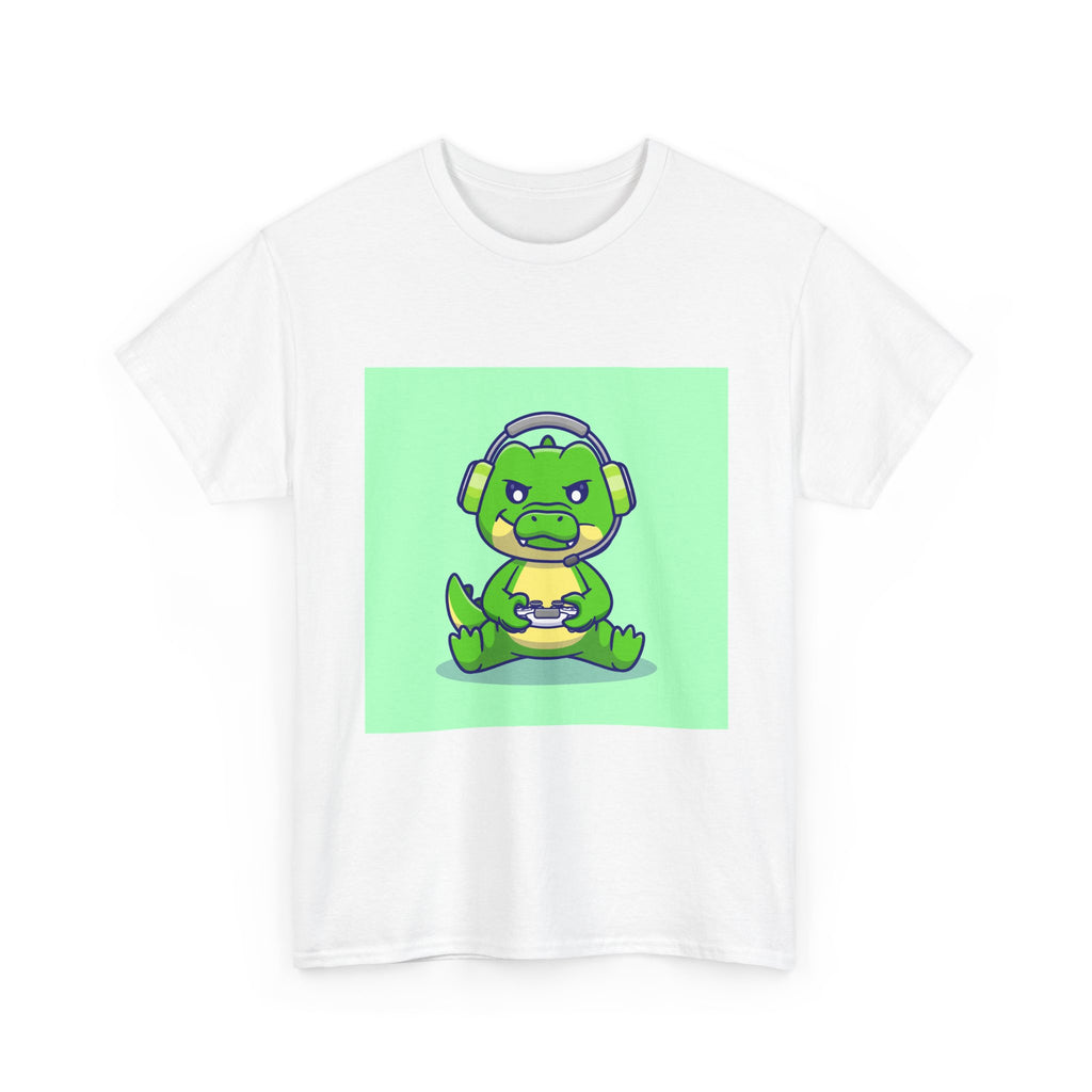 Cute Gamer Dinosaur Unisex Heavy Cotton Tee, Gaming Shirt, Funny Tee, Gift for Gamers, Cartoon T-Shirt, Casual Wear