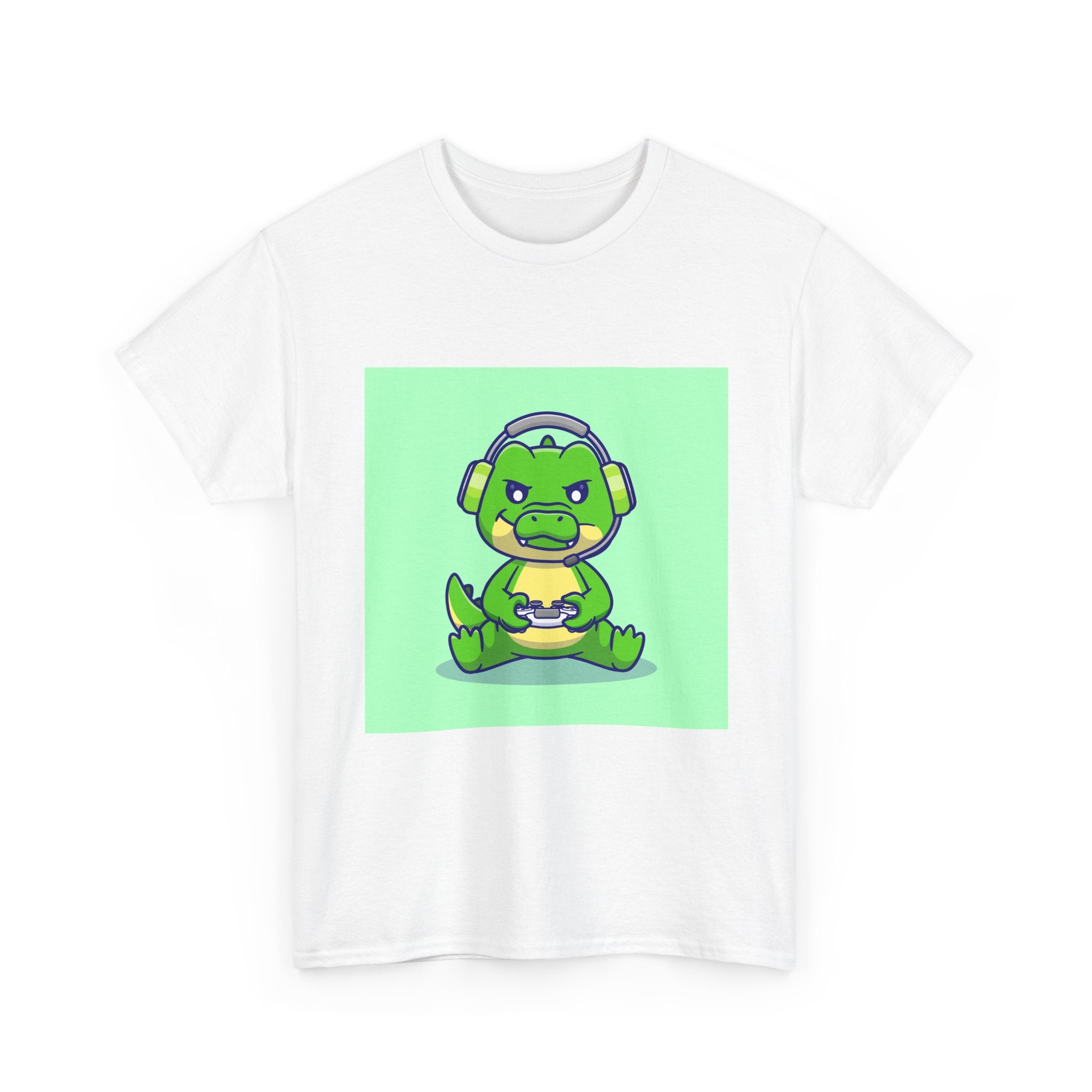 Cute Gamer Dinosaur Unisex Heavy Cotton Tee, Gaming Shirt, Funny Tee, Gift for Gamers, Cartoon T-Shirt, Casual Wear