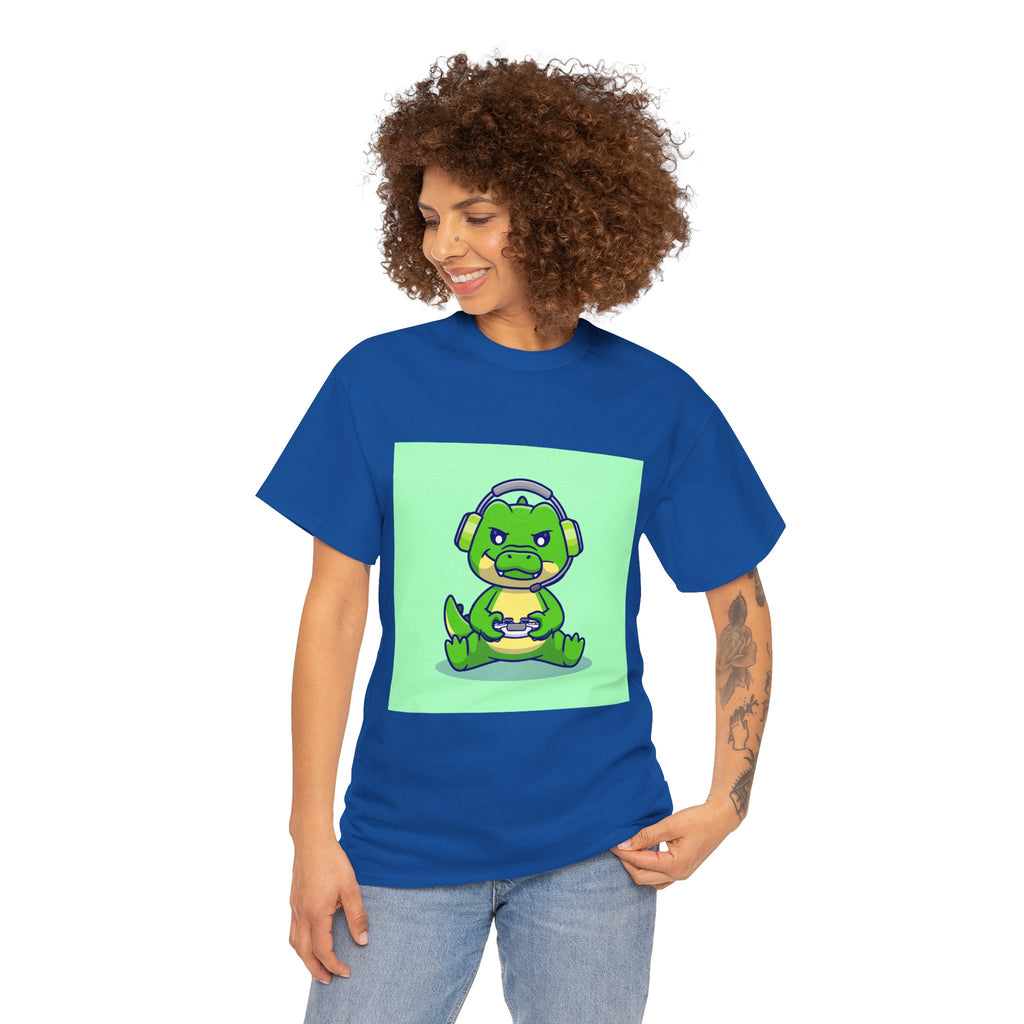 Cute Gamer Dinosaur Unisex Heavy Cotton Tee, Gaming Shirt, Funny Tee, Gift for Gamers, Cartoon T-Shirt, Casual Wear