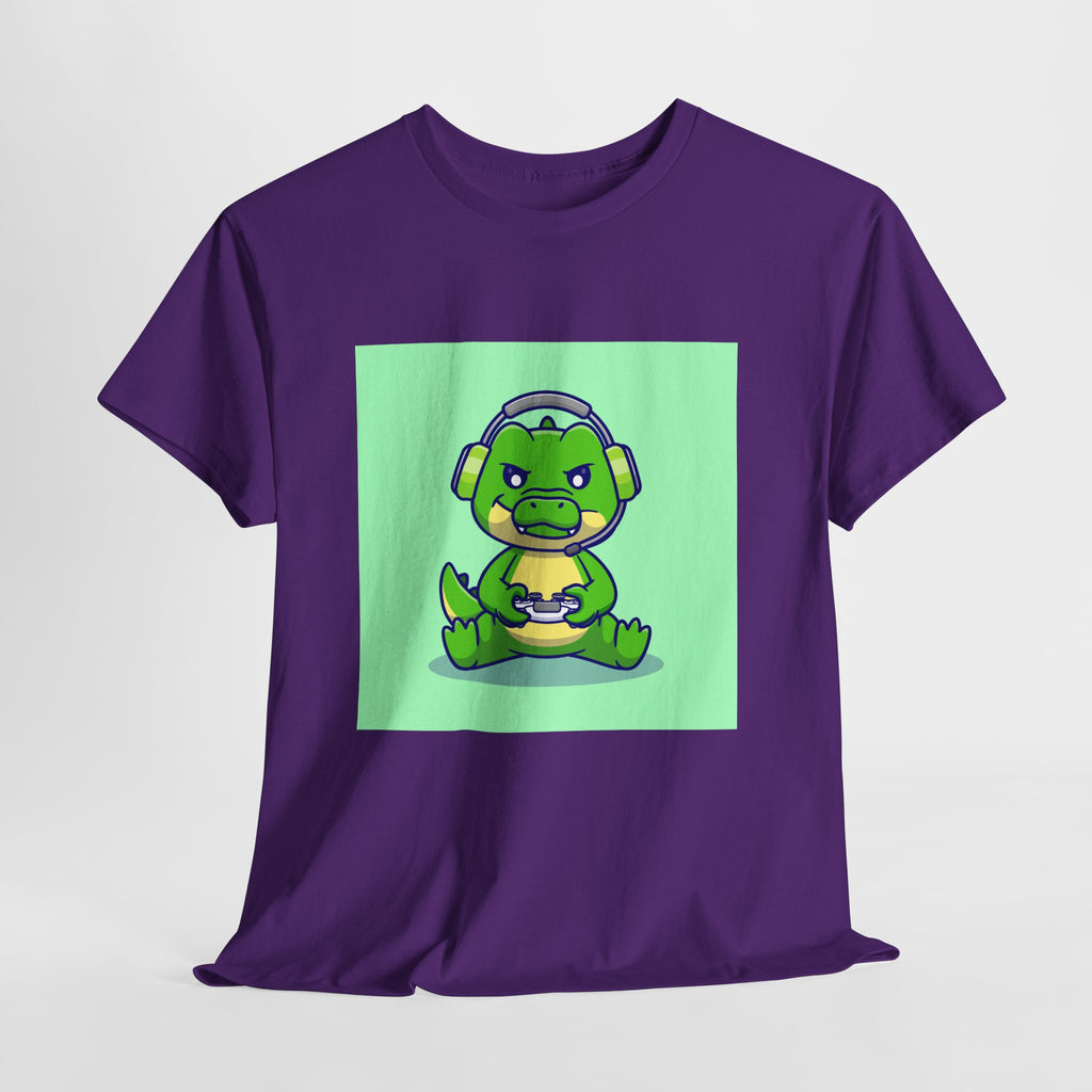 Cute Gamer Dinosaur Unisex Heavy Cotton Tee, Gaming Shirt, Funny Tee, Gift for Gamers, Cartoon T-Shirt, Casual Wear