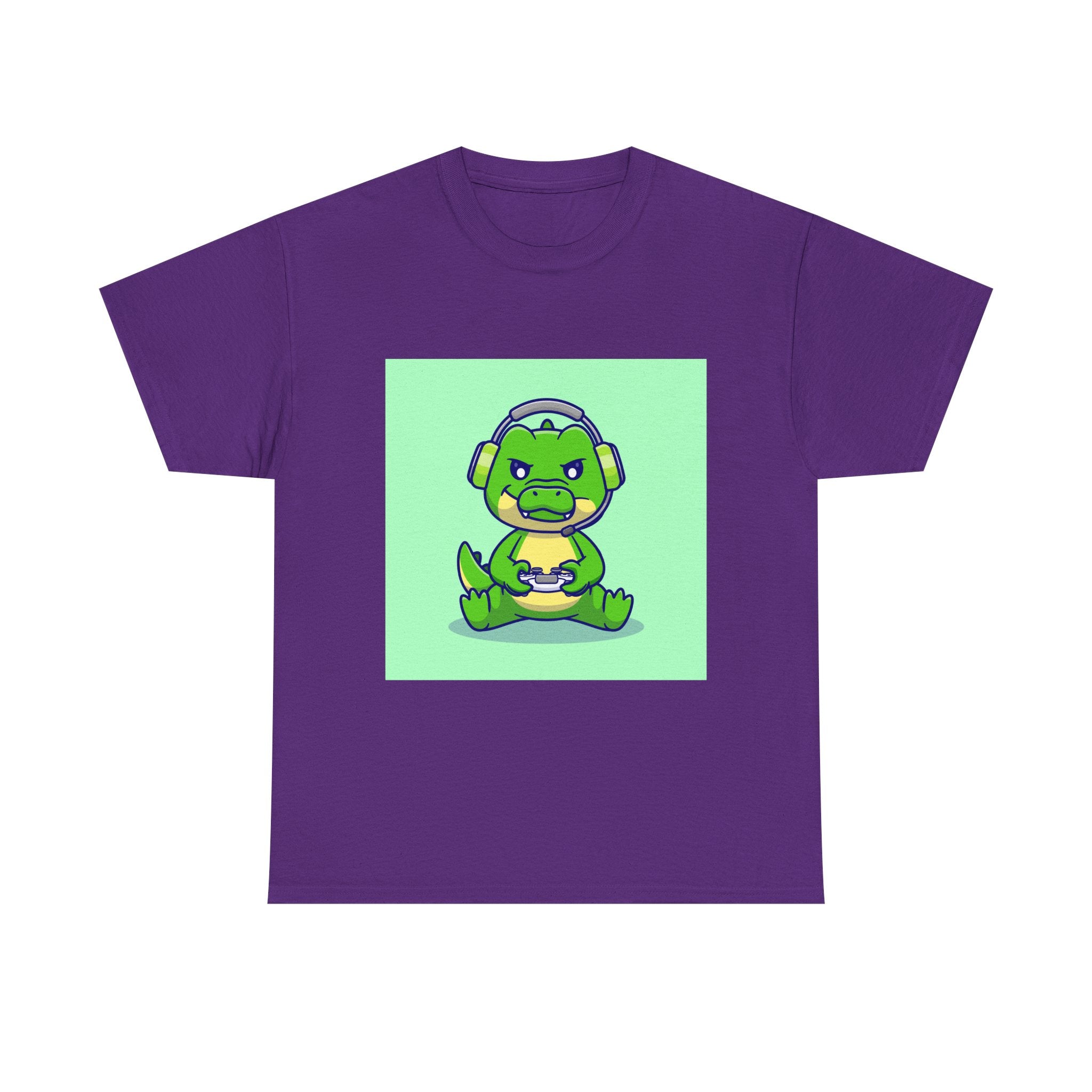 Cute Gamer Dinosaur Unisex Heavy Cotton Tee, Gaming Shirt, Funny Tee, Gift for Gamers, Cartoon T-Shirt, Casual Wear