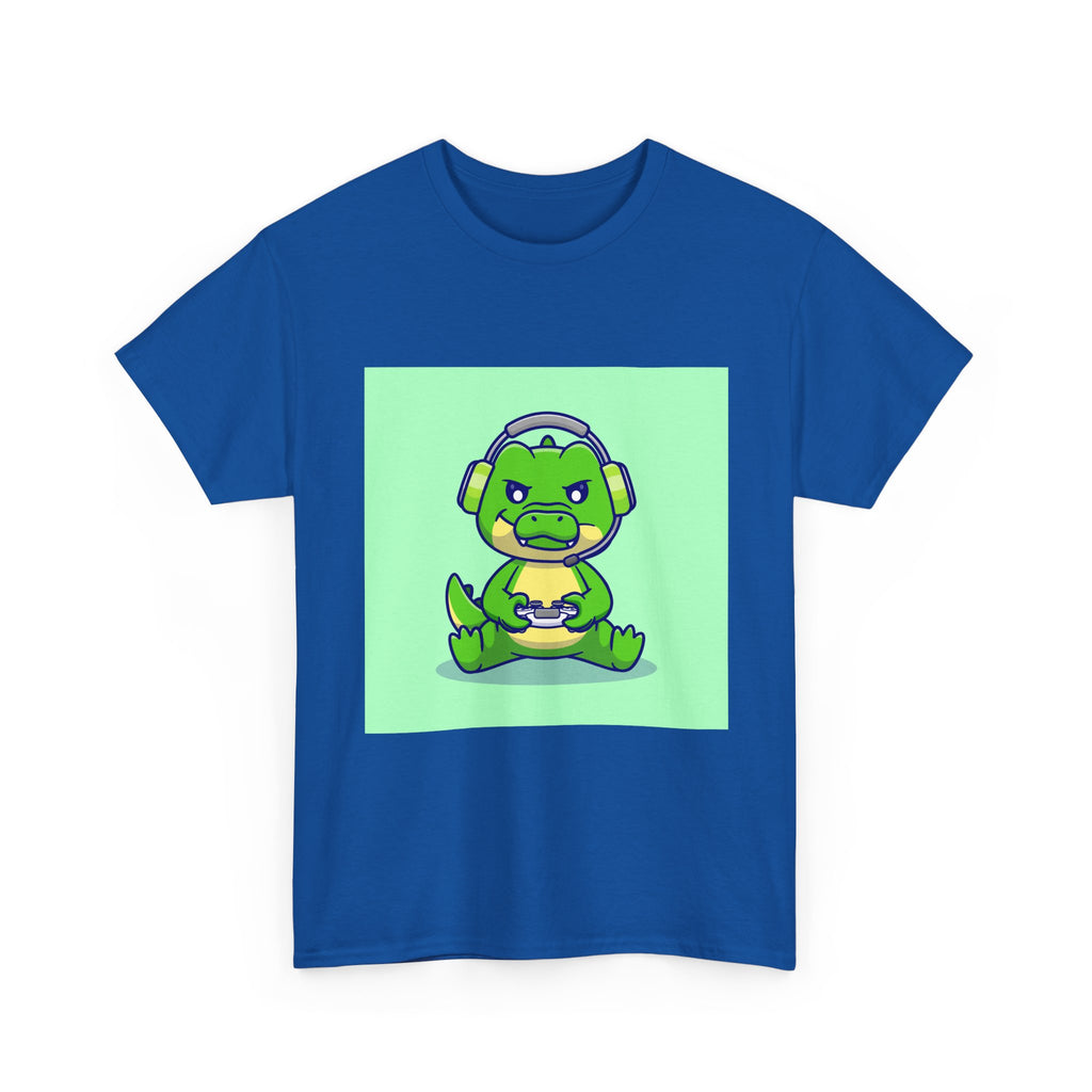 Cute Gamer Dinosaur Unisex Heavy Cotton Tee, Gaming Shirt, Funny Tee, Gift for Gamers, Cartoon T-Shirt, Casual Wear
