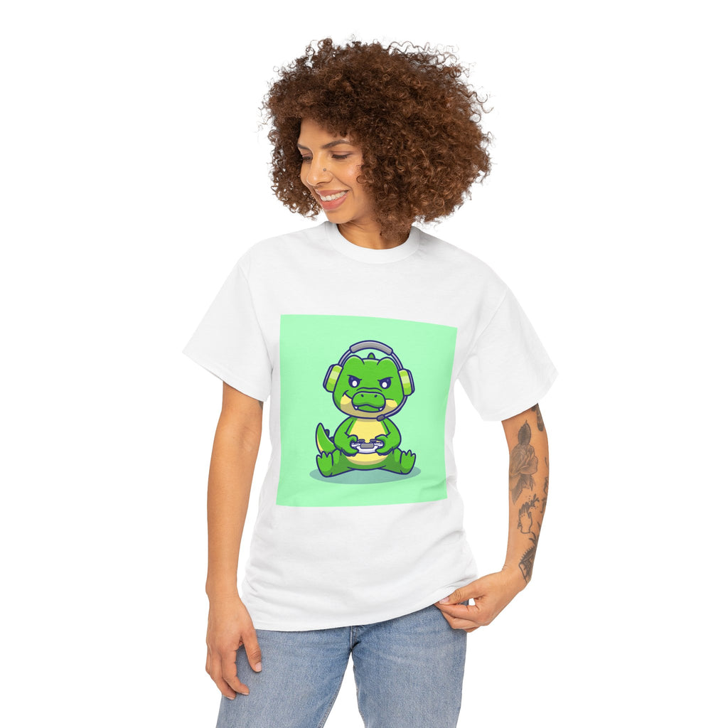 Cute Gamer Dinosaur Unisex Heavy Cotton Tee, Gaming Shirt, Funny Tee, Gift for Gamers, Cartoon T-Shirt, Casual Wear