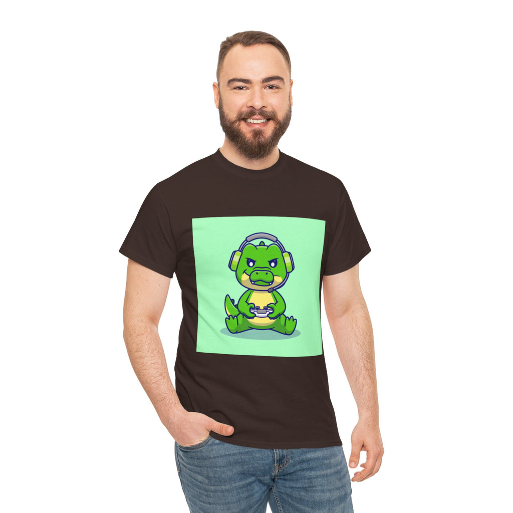Cute Gamer Dinosaur Unisex Heavy Cotton Tee, Gaming Shirt, Funny Tee, Gift for Gamers, Cartoon T-Shirt, Casual Wear