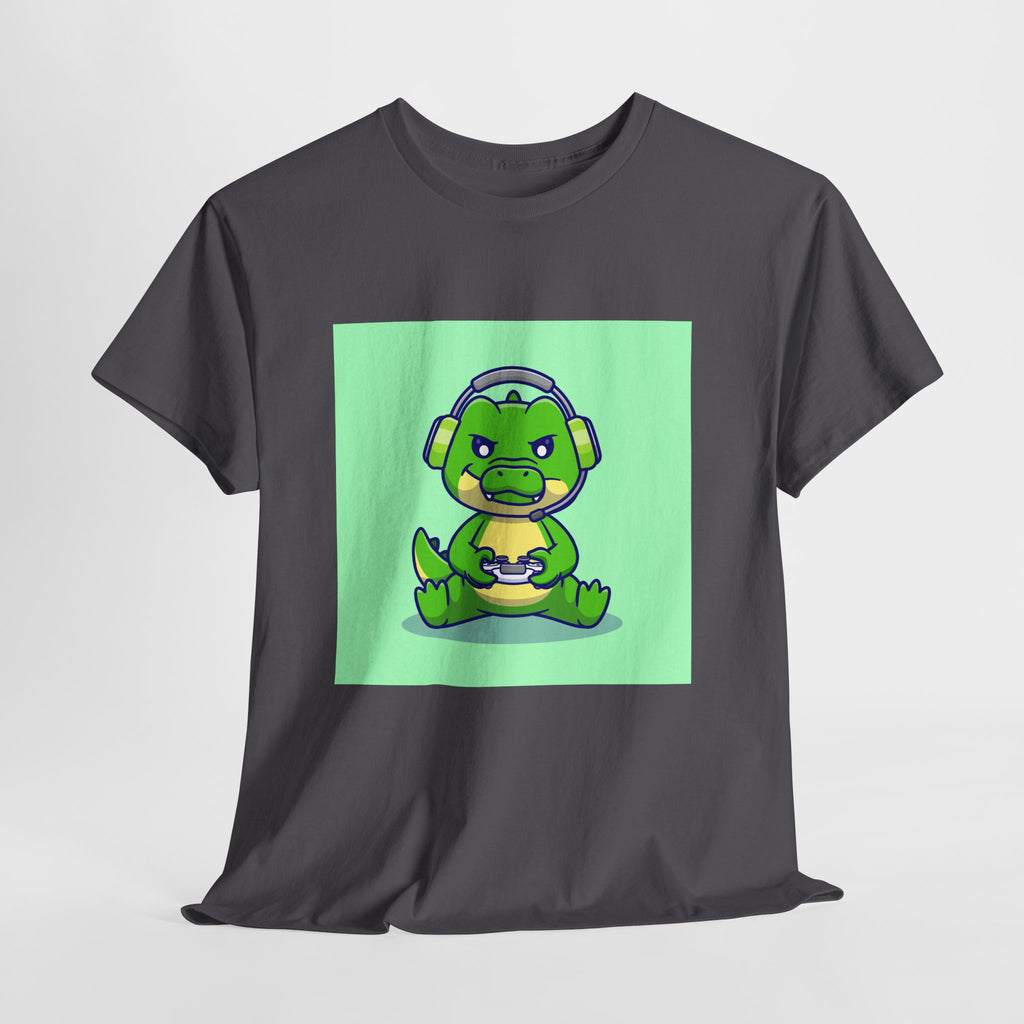 Cute Gamer Dinosaur Unisex Heavy Cotton Tee, Gaming Shirt, Funny Tee, Gift for Gamers, Cartoon T-Shirt, Casual Wear