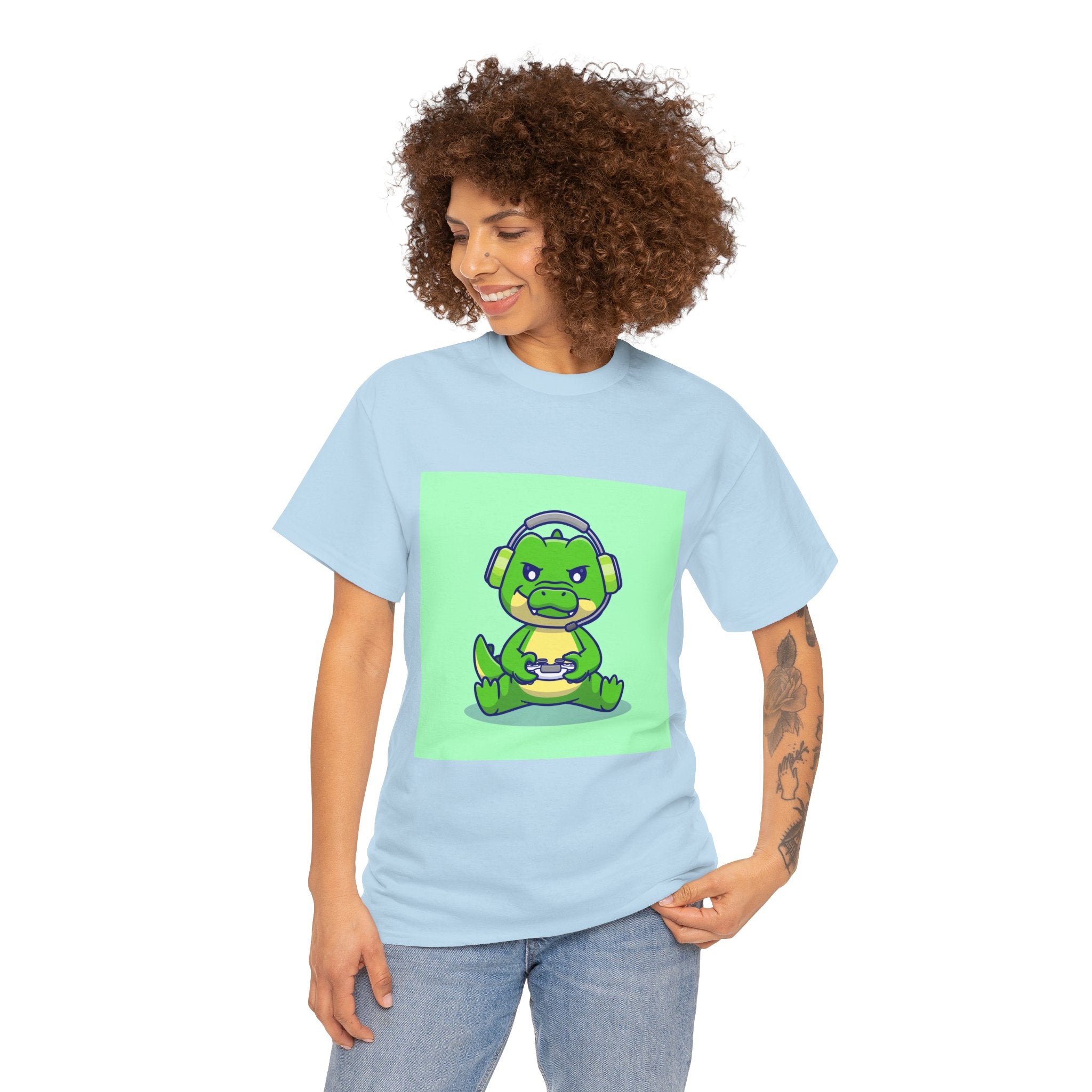 Cute Gamer Dinosaur Unisex Heavy Cotton Tee, Gaming Shirt, Funny Tee, Gift for Gamers, Cartoon T-Shirt, Casual Wear