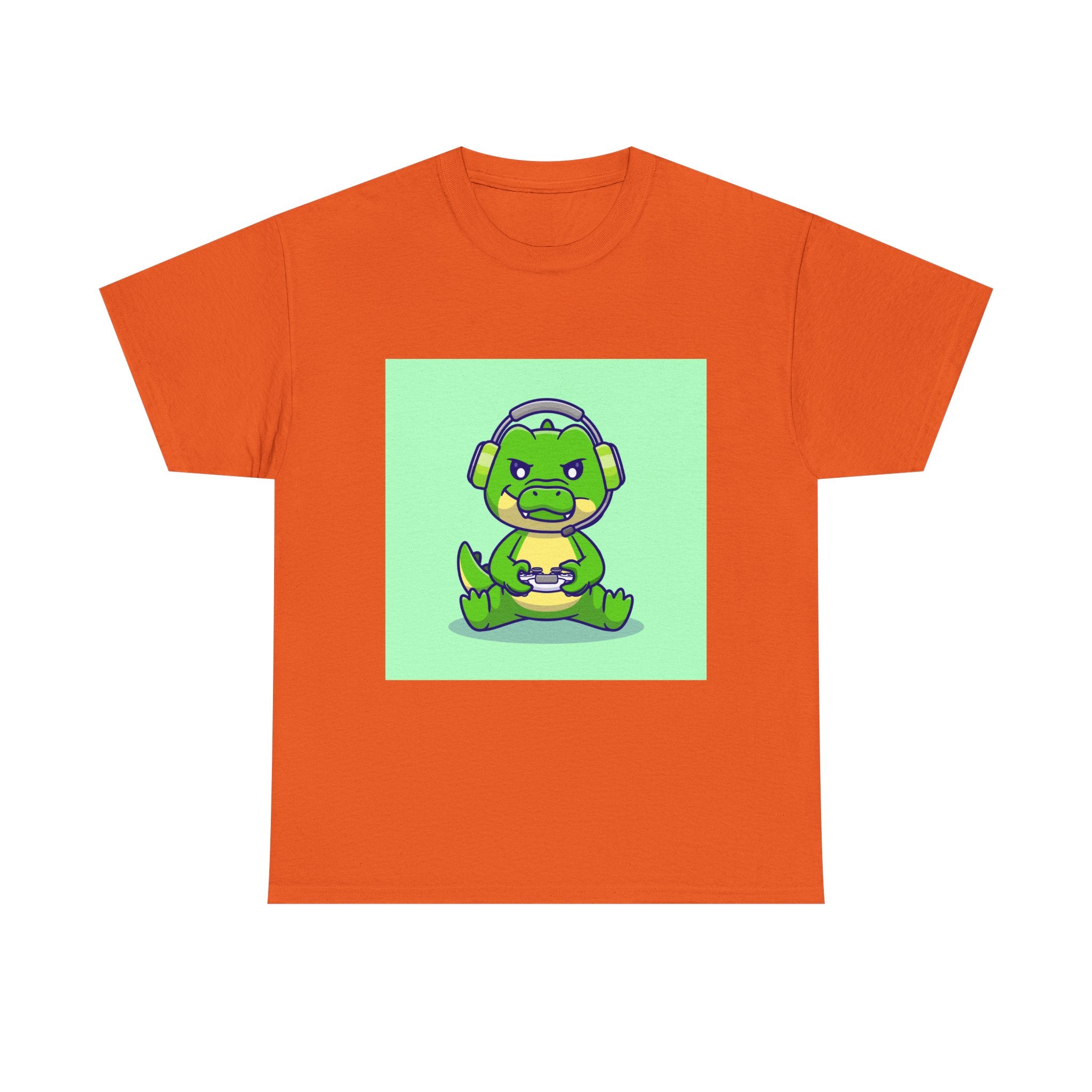 Cute Gamer Dinosaur Unisex Heavy Cotton Tee, Gaming Shirt, Funny Tee, Gift for Gamers, Cartoon T-Shirt, Casual Wear