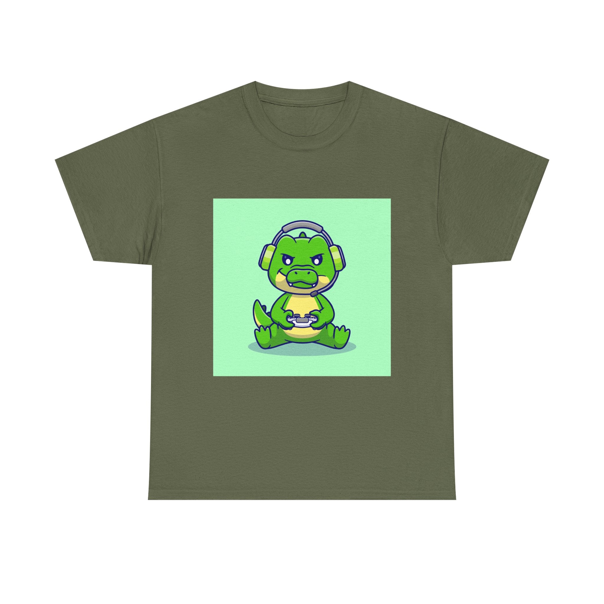 Cute Gamer Dinosaur Unisex Heavy Cotton Tee, Gaming Shirt, Funny Tee, Gift for Gamers, Cartoon T-Shirt, Casual Wear