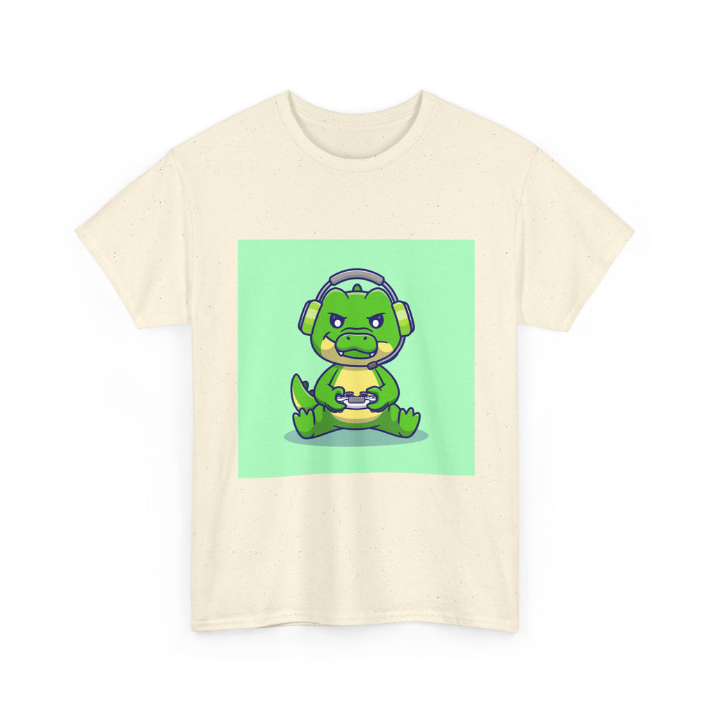 Cute Gamer Dinosaur Unisex Heavy Cotton Tee, Gaming Shirt, Funny Tee, Gift for Gamers, Cartoon T-Shirt, Casual Wear