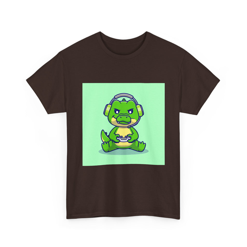 Cute Gamer Dinosaur Unisex Heavy Cotton Tee, Gaming Shirt, Funny Tee, Gift for Gamers, Cartoon T-Shirt, Casual Wear