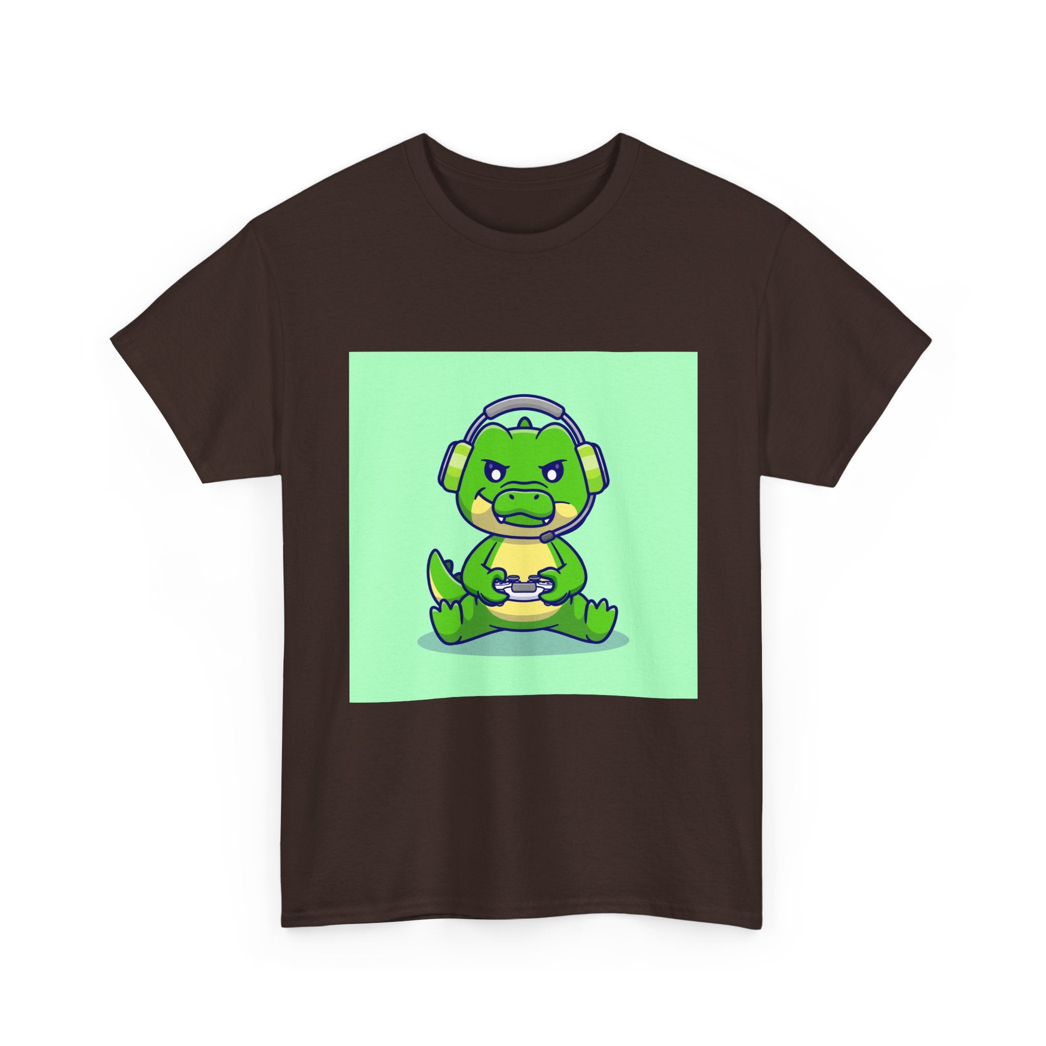 Cute Gamer Dinosaur Unisex Heavy Cotton Tee, Gaming Shirt, Funny Tee, Gift for Gamers, Cartoon T-Shirt, Casual Wear