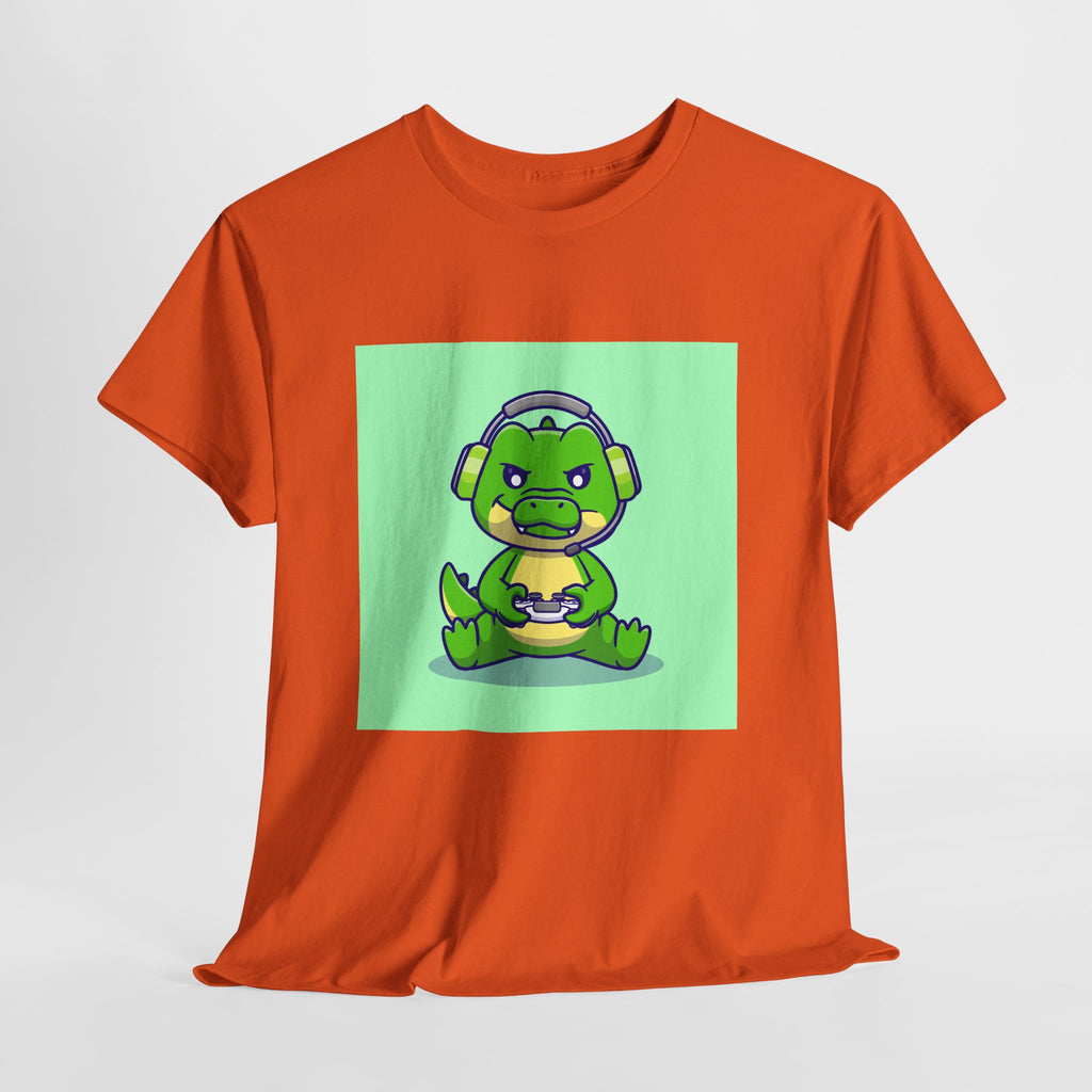 Cute Gamer Dinosaur Unisex Heavy Cotton Tee, Gaming Shirt, Funny Tee, Gift for Gamers, Cartoon T-Shirt, Casual Wear