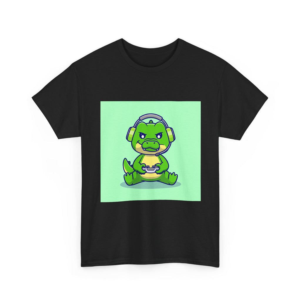Cute Gamer Dinosaur Unisex Heavy Cotton Tee, Gaming Shirt, Funny Tee, Gift for Gamers, Cartoon T-Shirt, Casual Wear