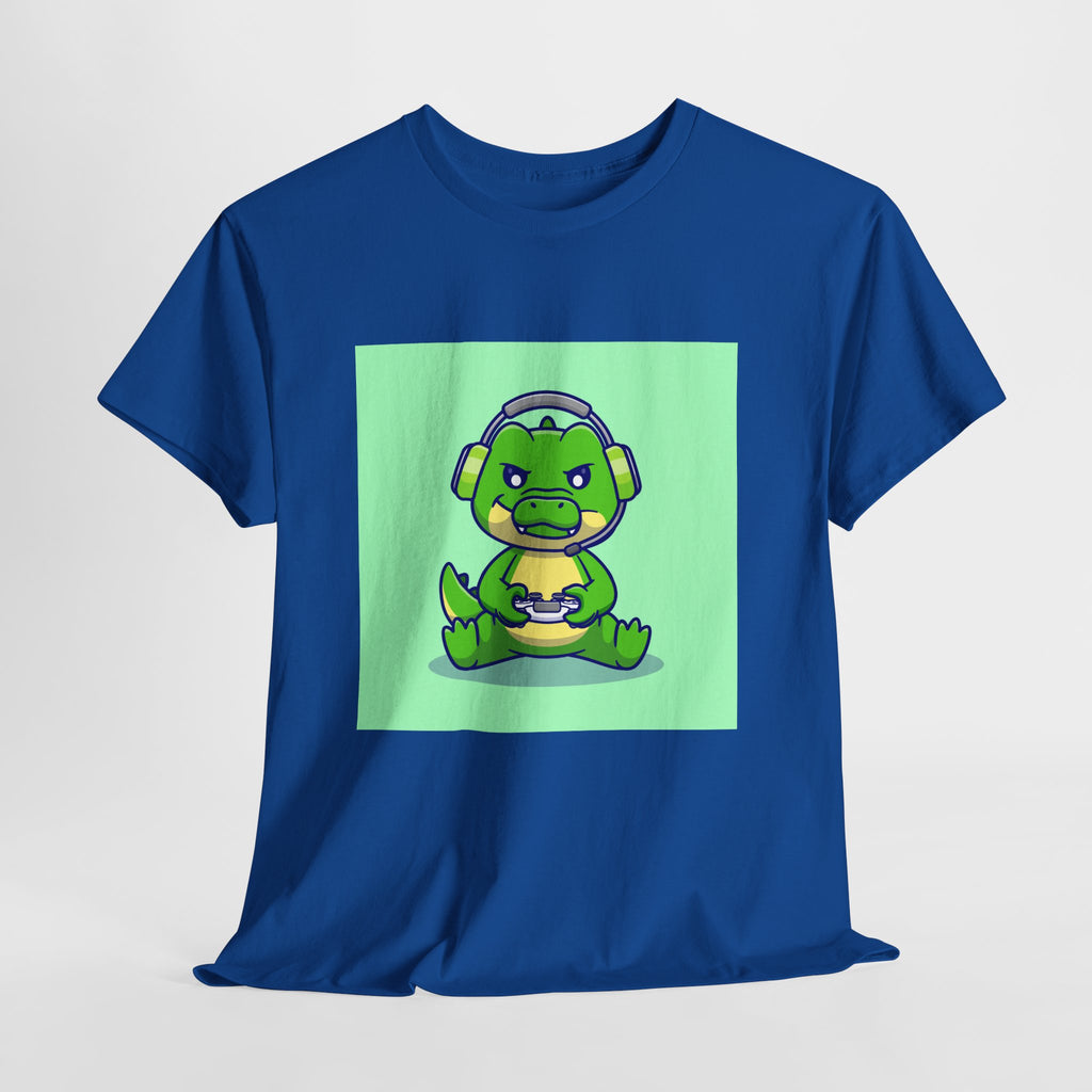 Cute Gamer Dinosaur Unisex Heavy Cotton Tee, Gaming Shirt, Funny Tee, Gift for Gamers, Cartoon T-Shirt, Casual Wear