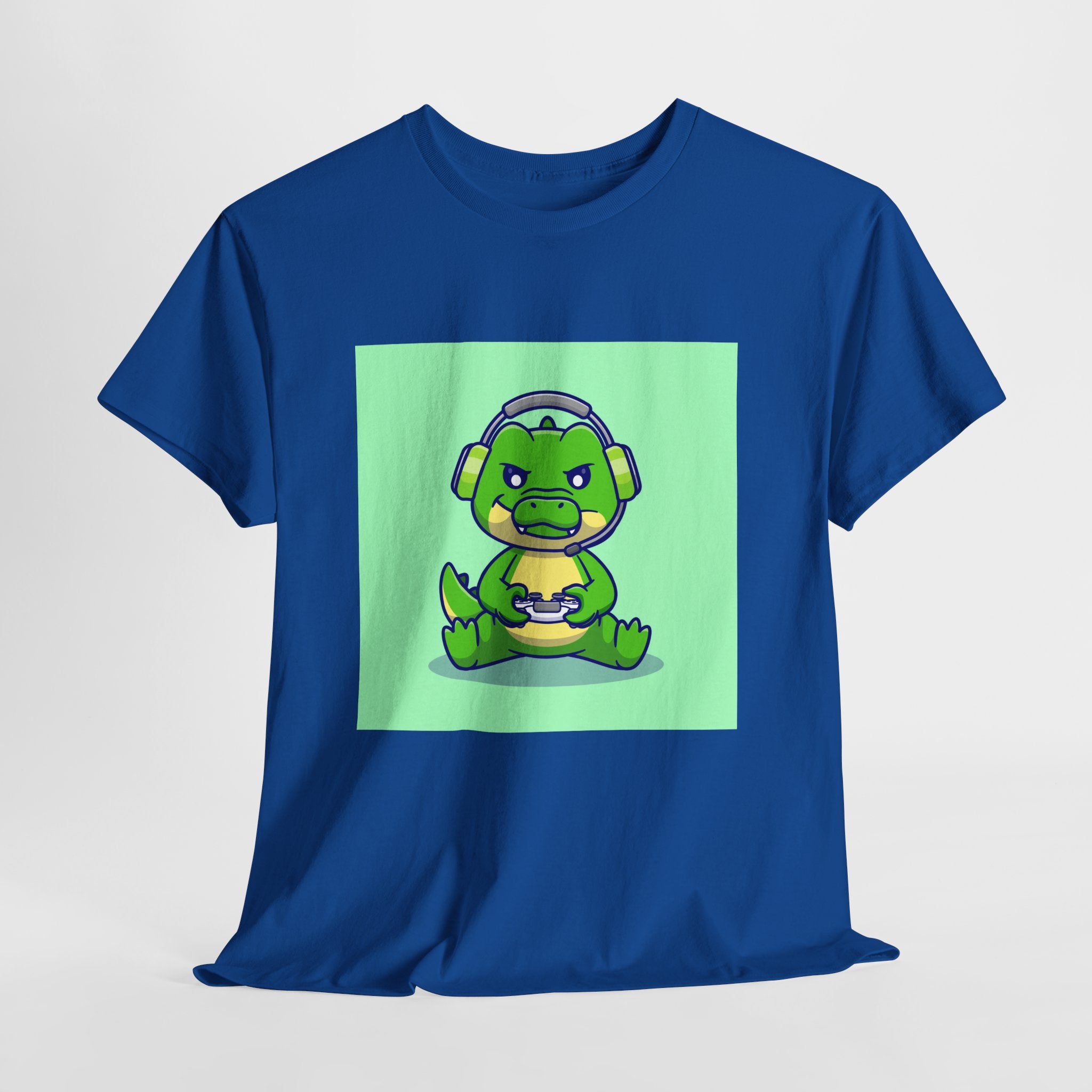 Cute Gamer Dinosaur Unisex Heavy Cotton Tee, Gaming Shirt, Funny Tee, Gift for Gamers, Cartoon T-Shirt, Casual Wear