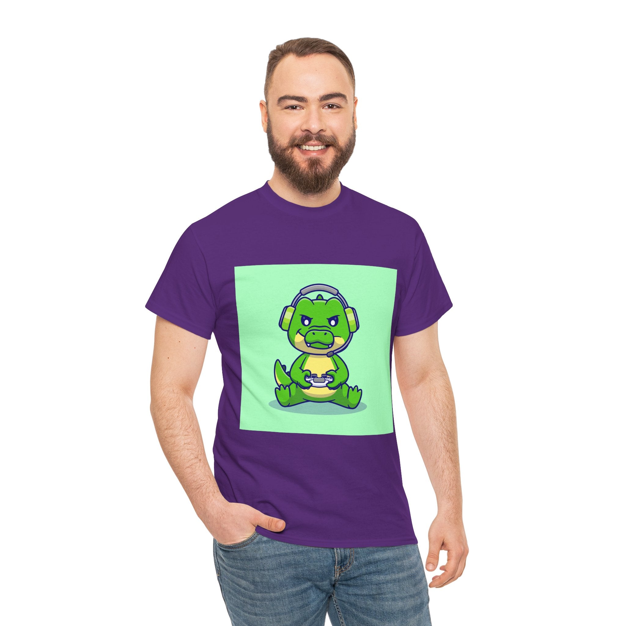 Cute Gamer Dinosaur Unisex Heavy Cotton Tee, Gaming Shirt, Funny Tee, Gift for Gamers, Cartoon T-Shirt, Casual Wear