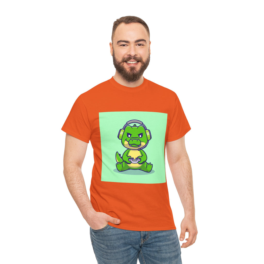 Cute Gamer Dinosaur Unisex Heavy Cotton Tee, Gaming Shirt, Funny Tee, Gift for Gamers, Cartoon T-Shirt, Casual Wear