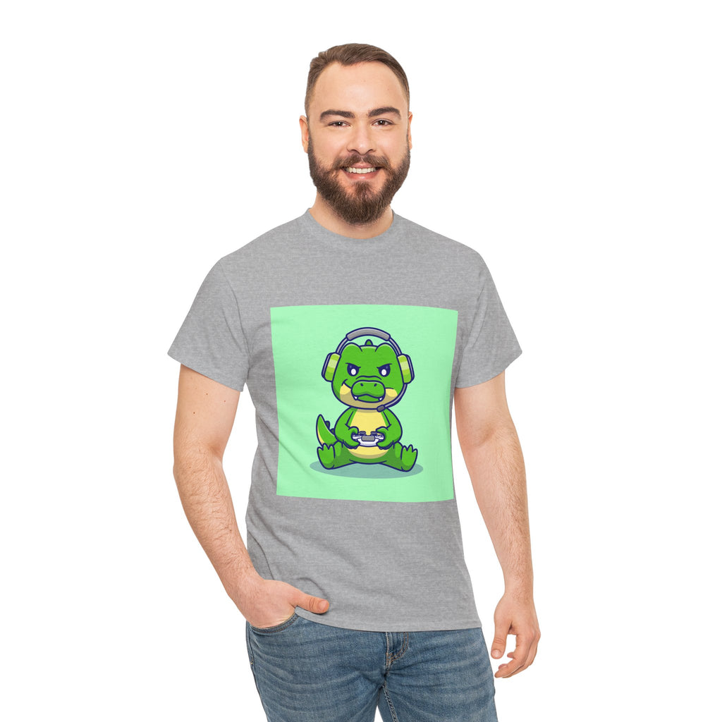 Cute Gamer Dinosaur Unisex Heavy Cotton Tee, Gaming Shirt, Funny Tee, Gift for Gamers, Cartoon T-Shirt, Casual Wear