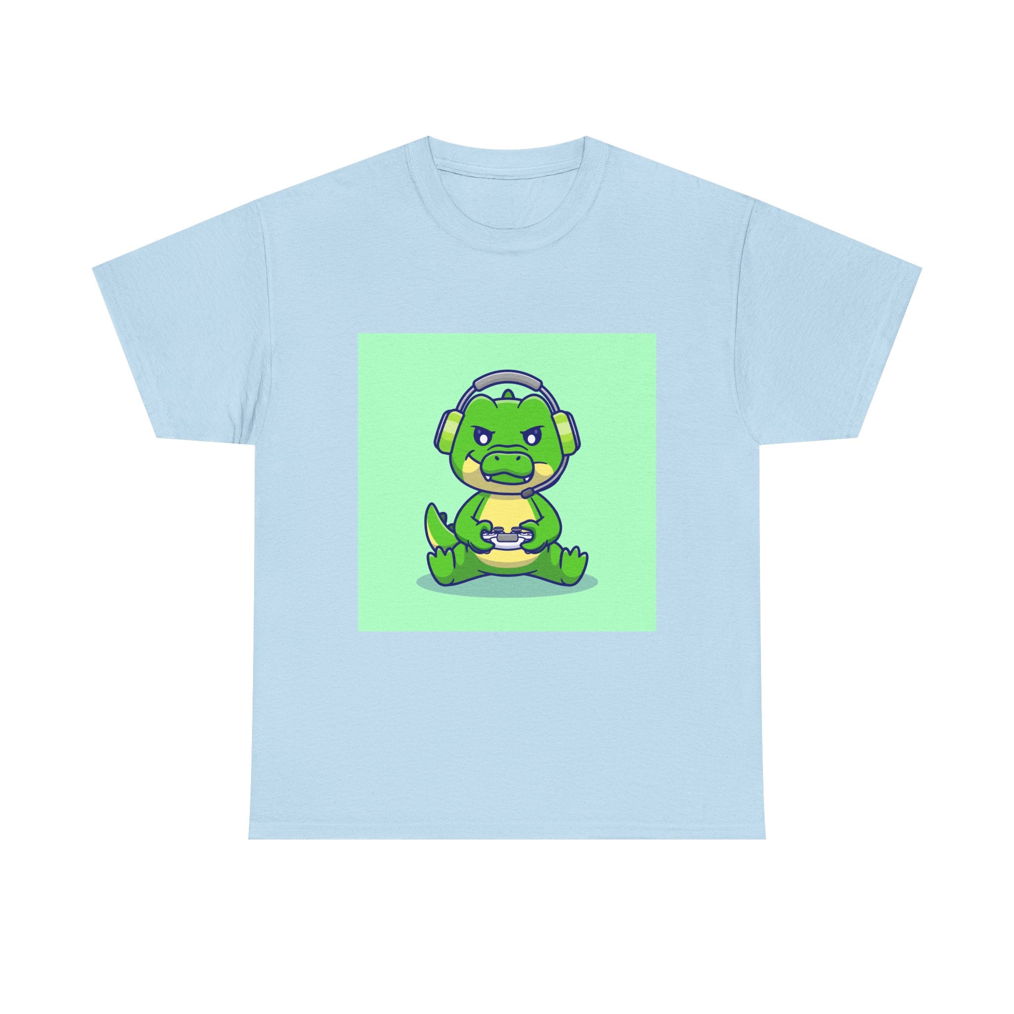 Cute Gamer Dinosaur Unisex Heavy Cotton Tee, Gaming Shirt, Funny Tee, Gift for Gamers, Cartoon T-Shirt, Casual Wear