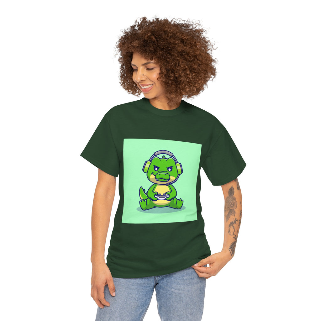 Cute Gamer Dinosaur Unisex Heavy Cotton Tee, Gaming Shirt, Funny Tee, Gift for Gamers, Cartoon T-Shirt, Casual Wear