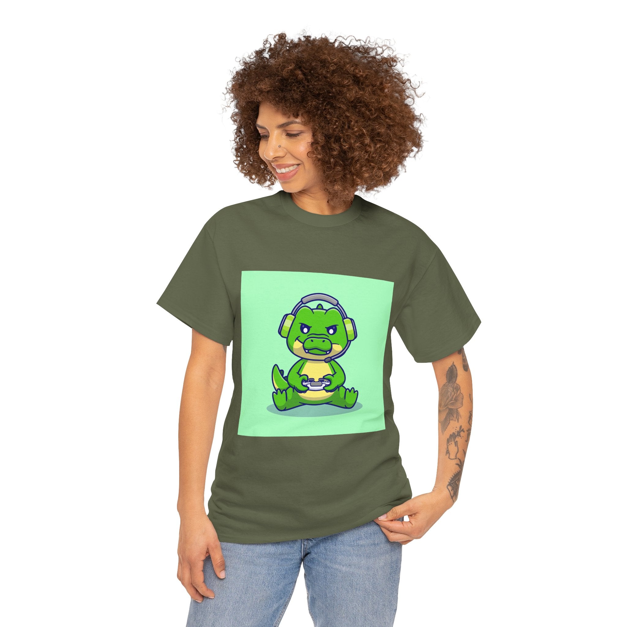 Cute Gamer Dinosaur Unisex Heavy Cotton Tee, Gaming Shirt, Funny Tee, Gift for Gamers, Cartoon T-Shirt, Casual Wear