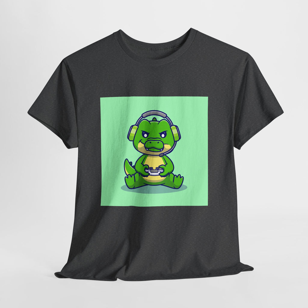 Cute Gamer Dinosaur Unisex Heavy Cotton Tee, Gaming Shirt, Funny Tee, Gift for Gamers, Cartoon T-Shirt, Casual Wear