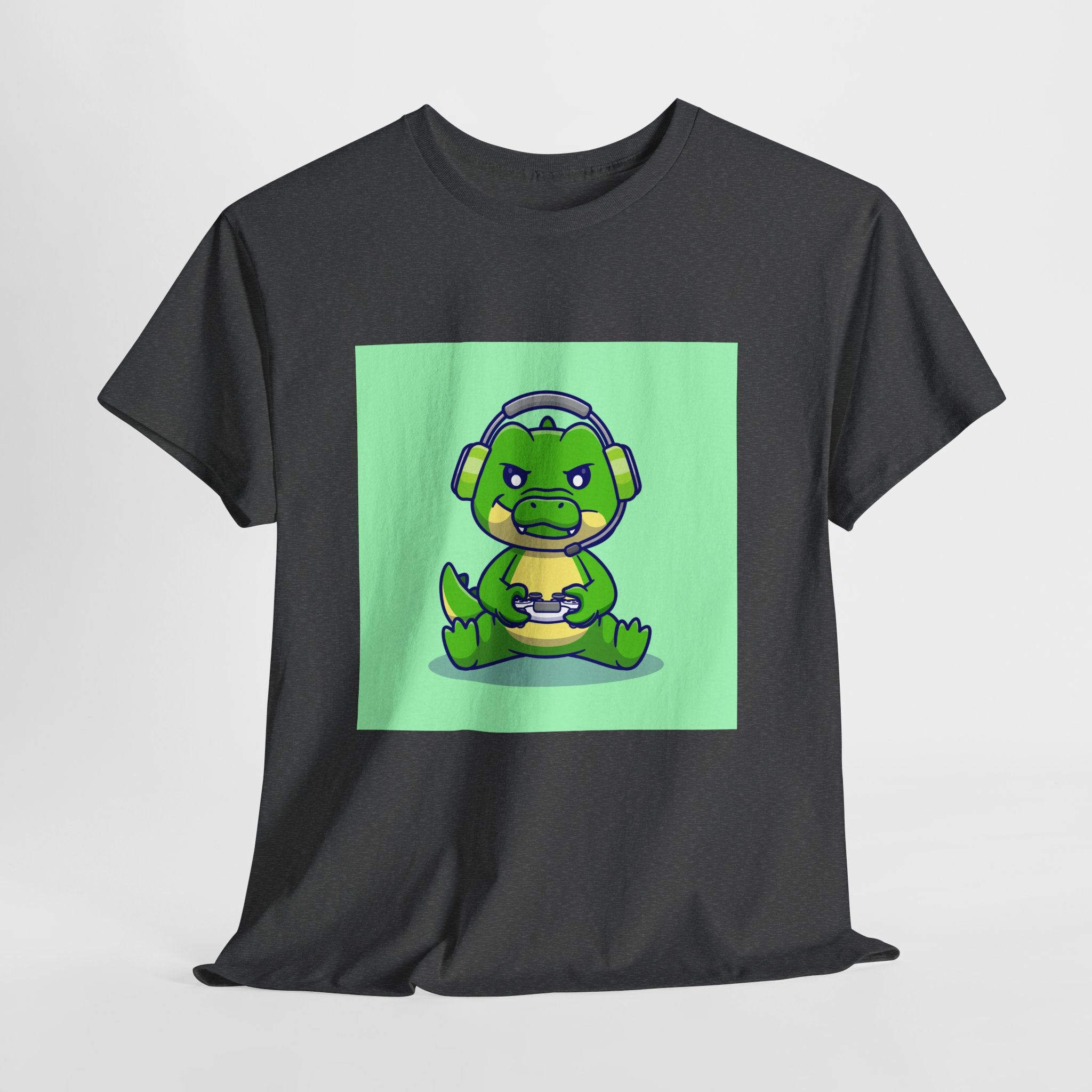 Cute Gamer Dinosaur Unisex Heavy Cotton Tee, Gaming Shirt, Funny Tee, Gift for Gamers, Cartoon T-Shirt, Casual Wear