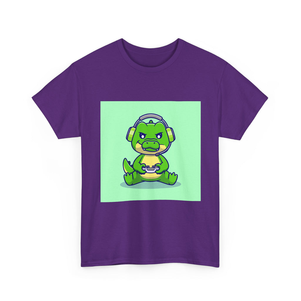Cute Gamer Dinosaur Unisex Heavy Cotton Tee, Gaming Shirt, Funny Tee, Gift for Gamers, Cartoon T-Shirt, Casual Wear