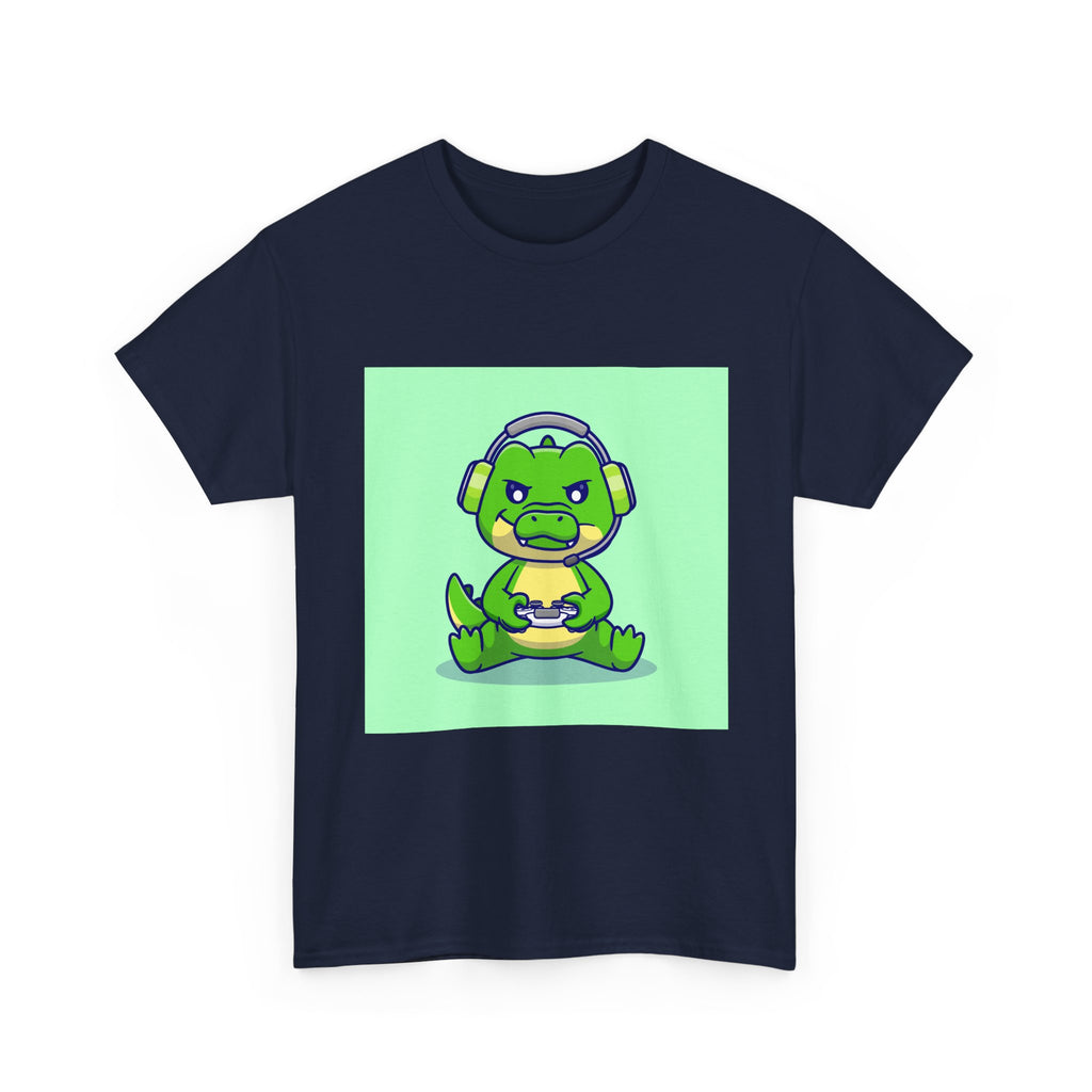 Cute Gamer Dinosaur Unisex Heavy Cotton Tee, Gaming Shirt, Funny Tee, Gift for Gamers, Cartoon T-Shirt, Casual Wear