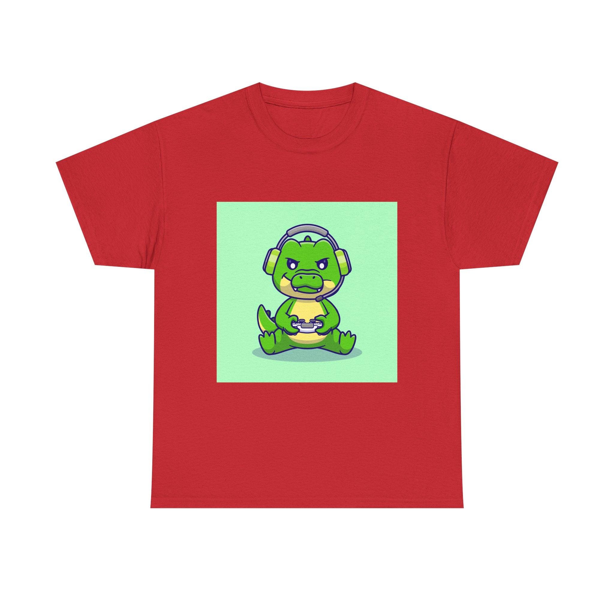 Cute Gamer Dinosaur Unisex Heavy Cotton Tee, Gaming Shirt, Funny Tee, Gift for Gamers, Cartoon T-Shirt, Casual Wear