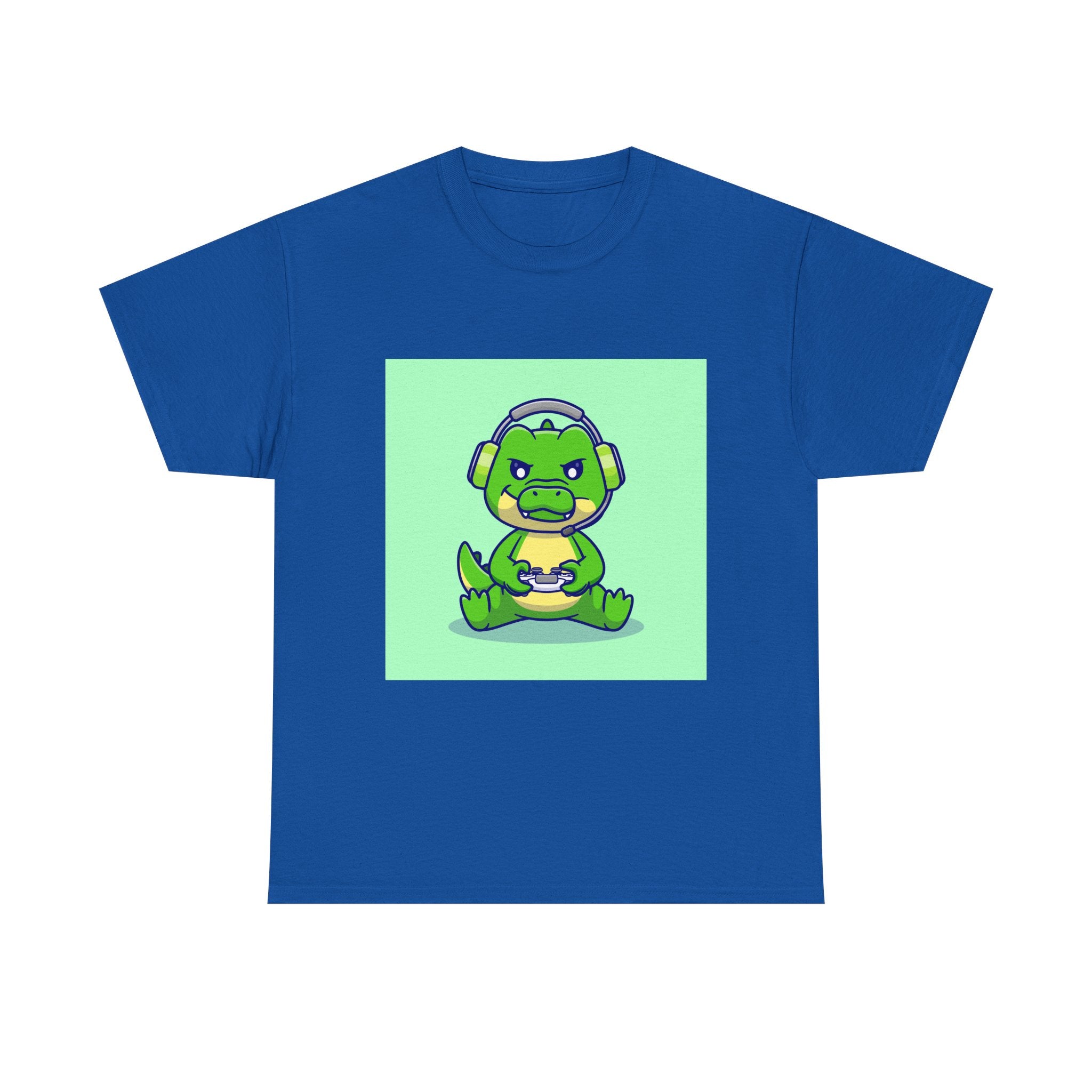 Cute Gamer Dinosaur Unisex Heavy Cotton Tee, Gaming Shirt, Funny Tee, Gift for Gamers, Cartoon T-Shirt, Casual Wear
