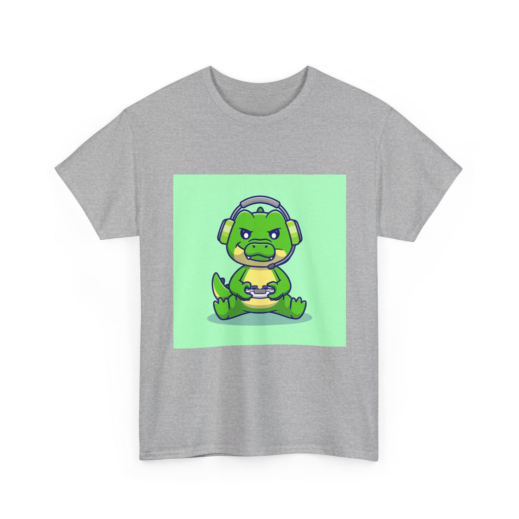 Cute Gamer Dinosaur Unisex Heavy Cotton Tee, Gaming Shirt, Funny Tee, Gift for Gamers, Cartoon T-Shirt, Casual Wear