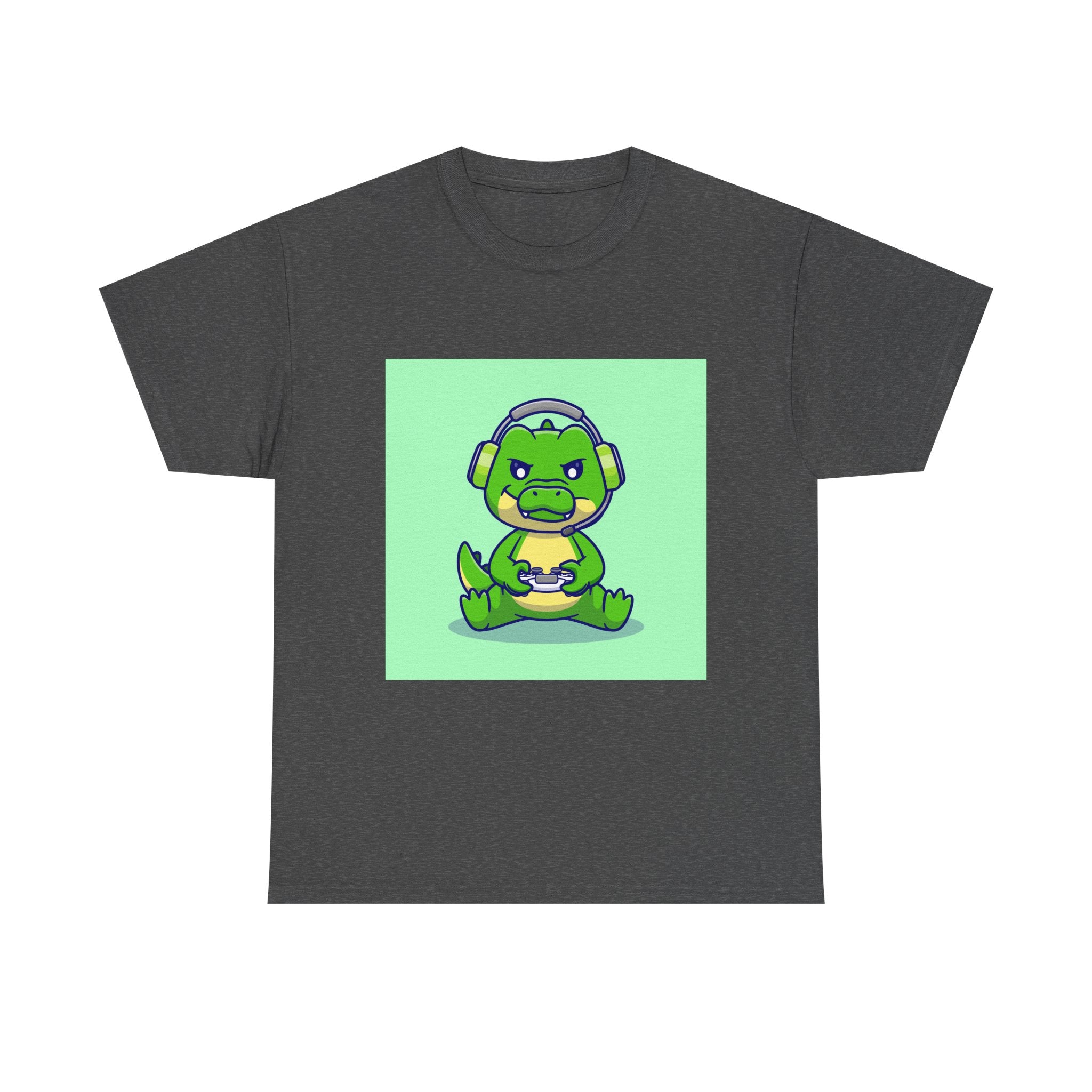Cute Gamer Dinosaur Unisex Heavy Cotton Tee, Gaming Shirt, Funny Tee, Gift for Gamers, Cartoon T-Shirt, Casual Wear