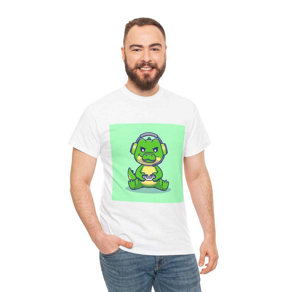 Cute Gamer Dinosaur Unisex Heavy Cotton Tee, Gaming Shirt, Funny Tee, Gift for Gamers, Cartoon T-Shirt, Casual Wear