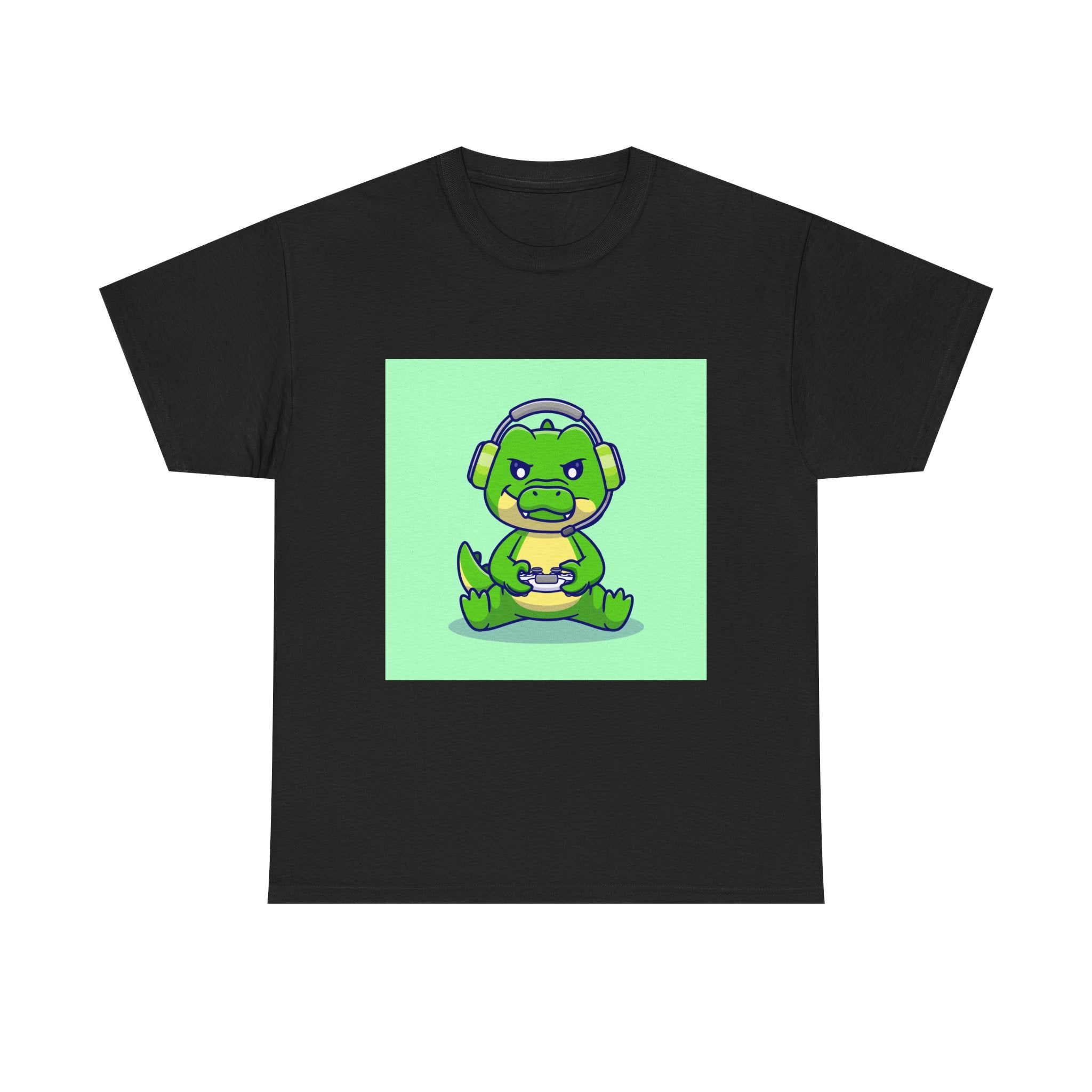 Cute Gamer Dinosaur Unisex Heavy Cotton Tee, Gaming Shirt, Funny Tee, Gift for Gamers, Cartoon T-Shirt, Casual Wear